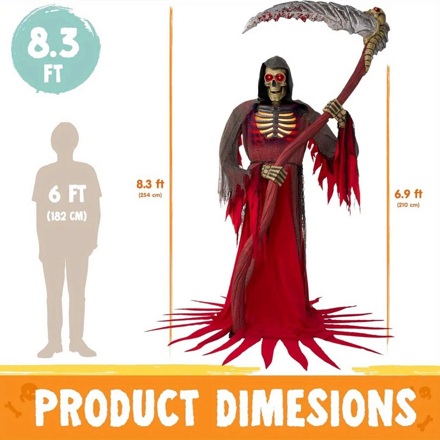 Animated Grim Reaper Skeleton Halloween Decor With Light Sensor