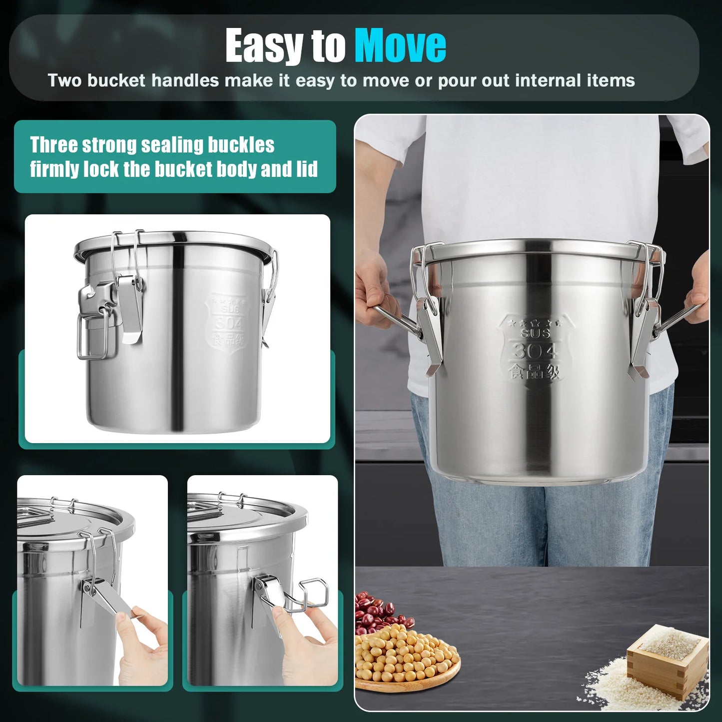 Bymaocar 304 Stainless Steel Cereal Container Airtight Corrosion Resistant