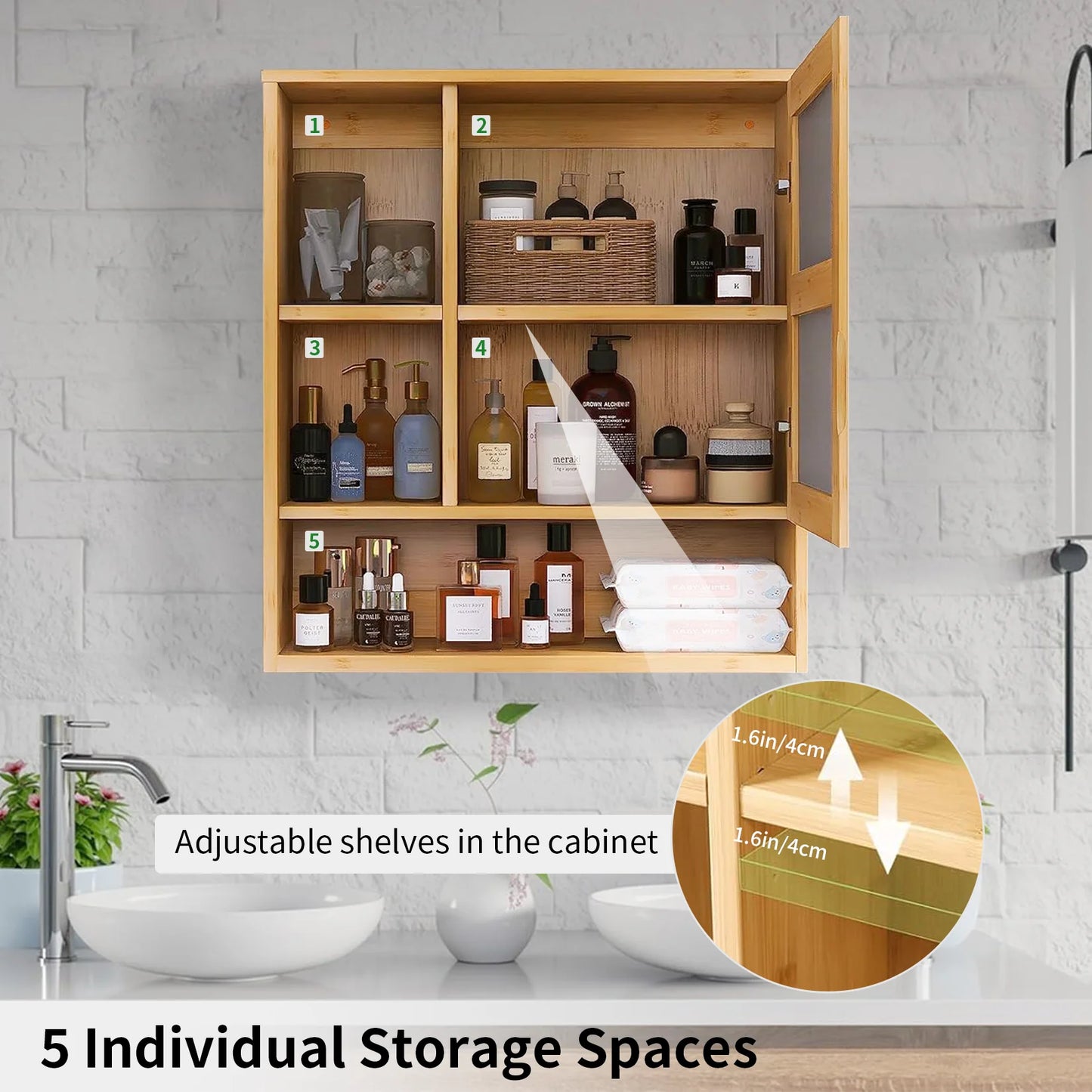 Wall Mounted Bamboo Medicine Cabinet With Five Tier Open Storage