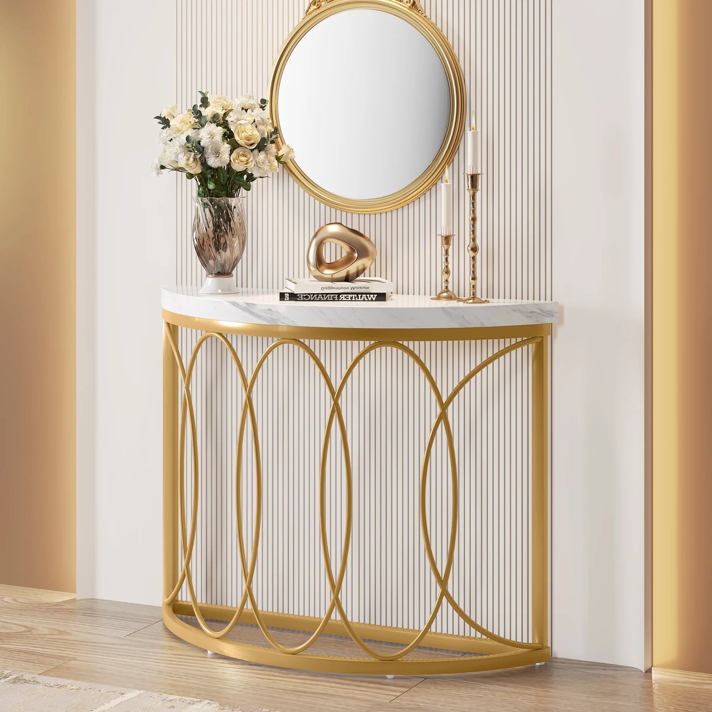 Tribesigns Modern Half Moon Console Table with Metal Frame