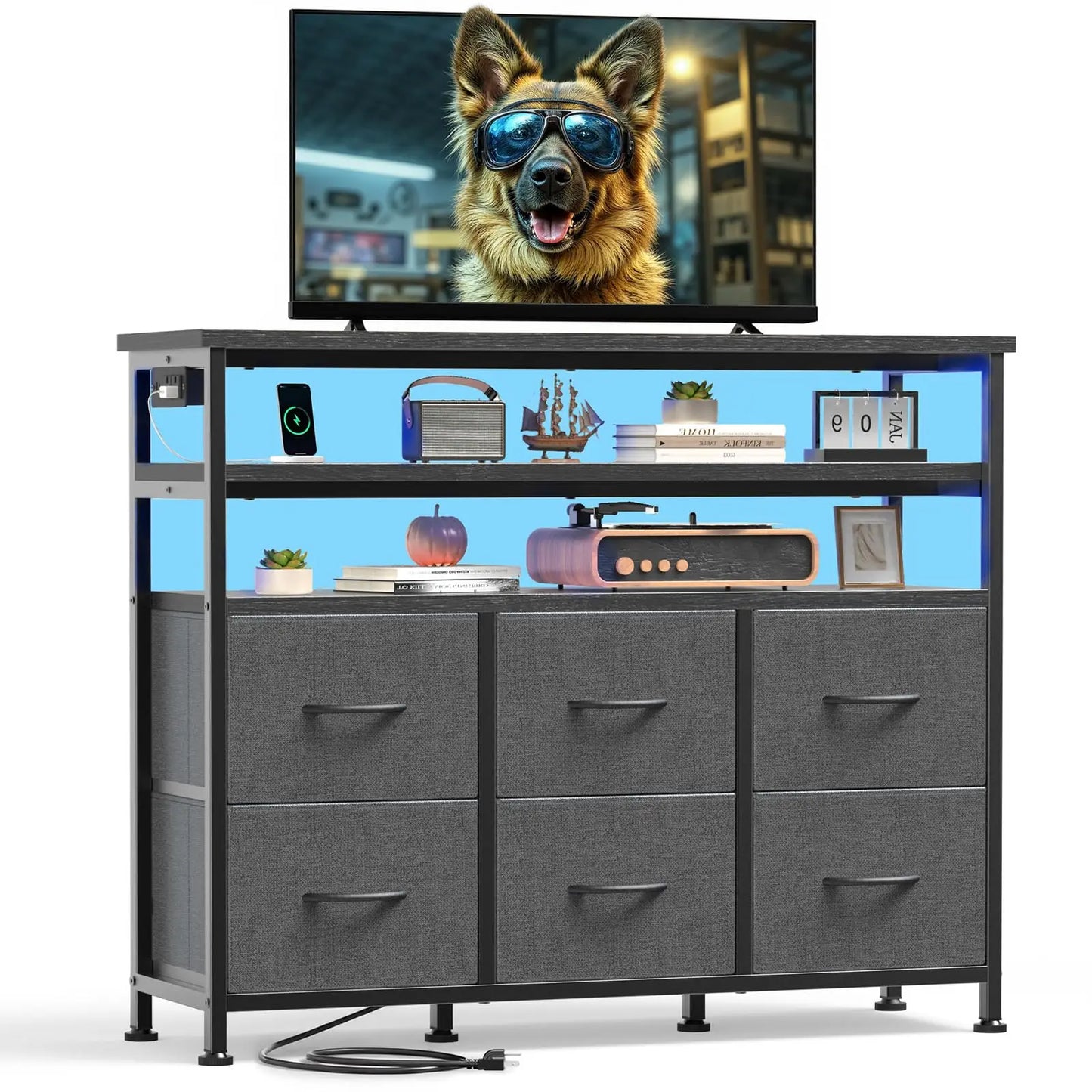 JHK TV Stand Dresser With Six Fabric Drawers And Wood Top