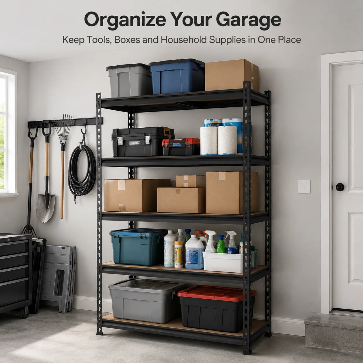 Heavy Duty Metal Storage Rack 5 Tier Adjustable Shelving Unit With MDF Board