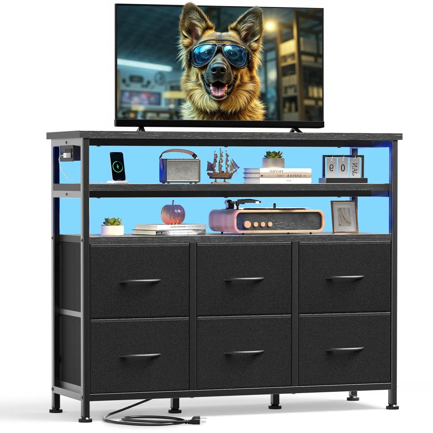 JHK TV Stand Dresser With Six Fabric Drawers And Wood Top