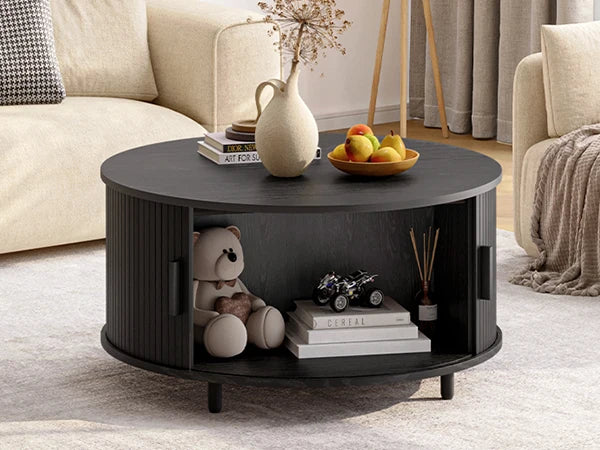 Onbrill Modern Round Coffee Table With Fluted Storage Doors