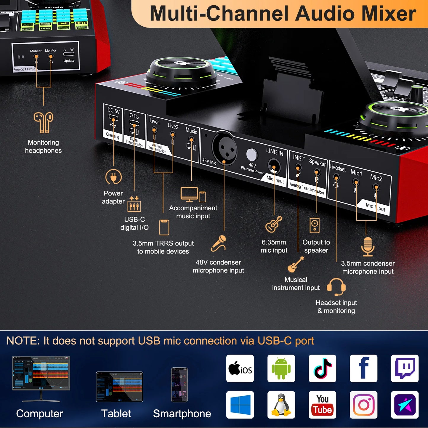Tenlamp G10 PKPRO 6 Channel USB Podcast Mixer With Mic XLR Interface