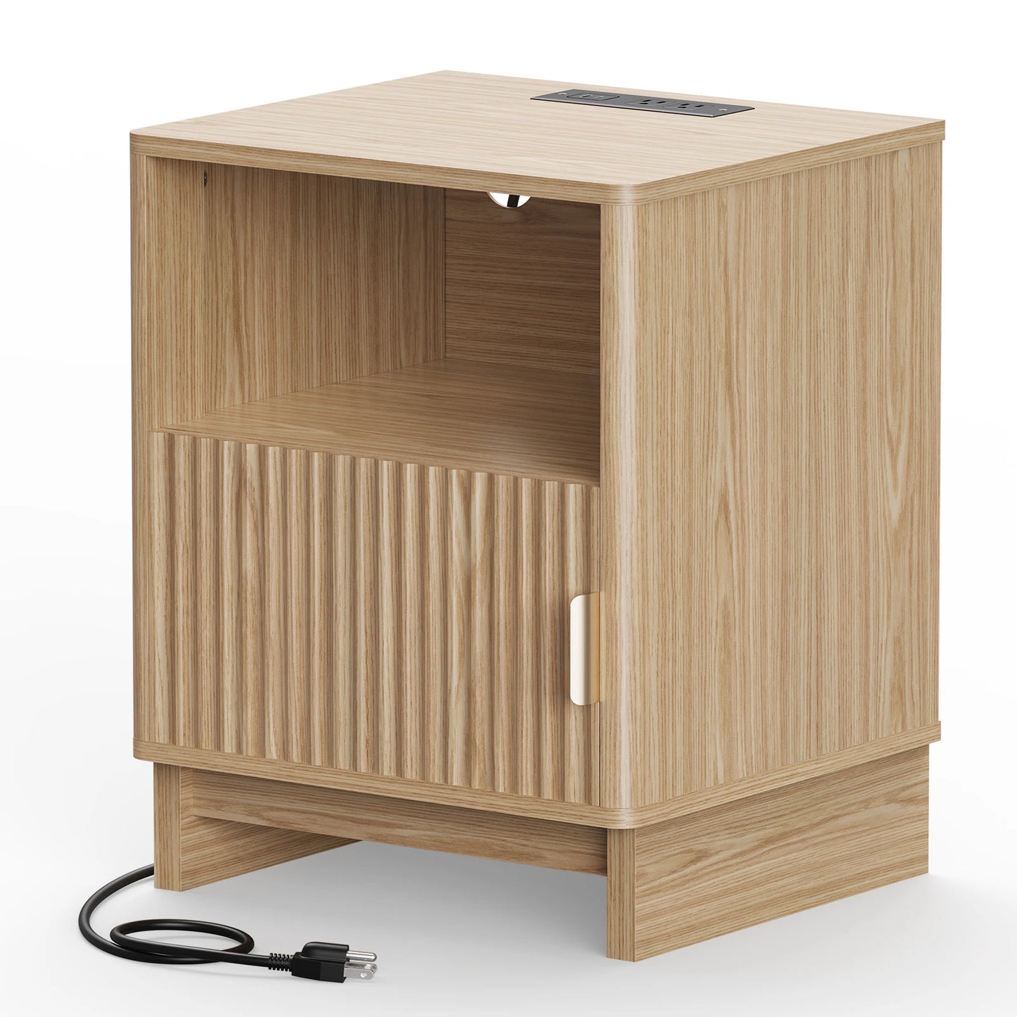 TinyNest Nightstand With Charging Station Fluted Wood Storage Drawers