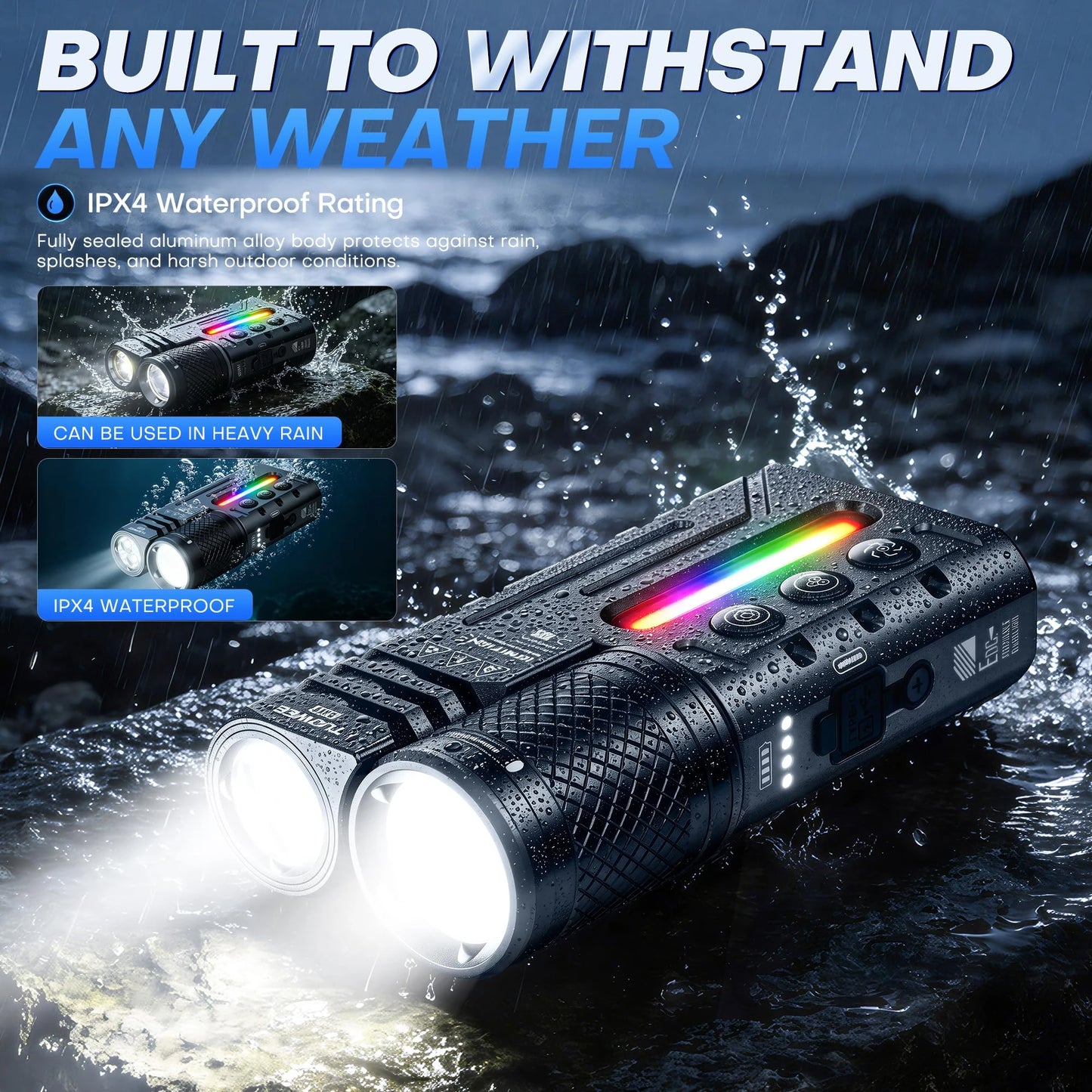Tuowee Tactical Flashlight USB Rechargeable IPX4 Waterproof RGB Torch