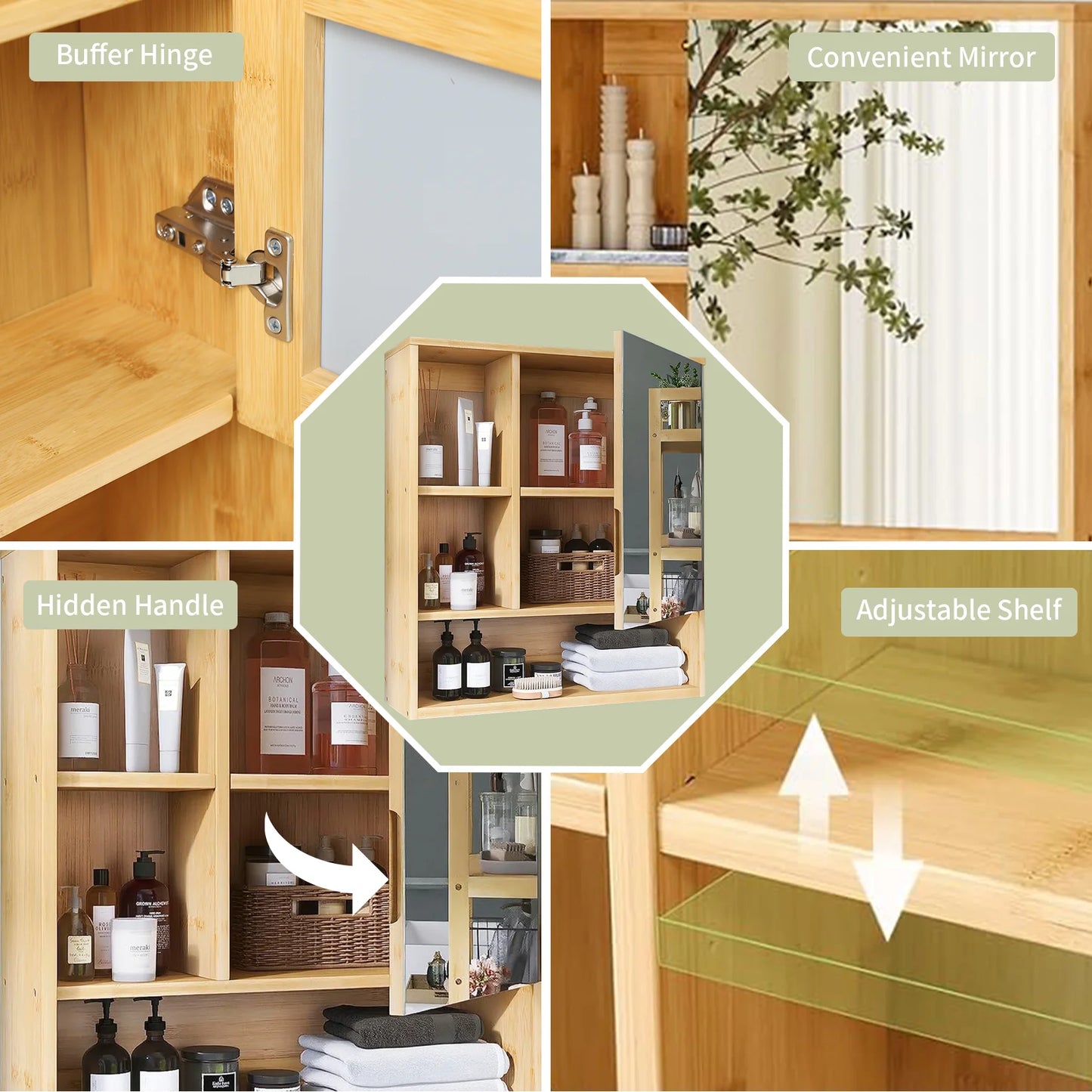 Wall Mounted Bamboo Medicine Cabinet With Five Tier Open Storage