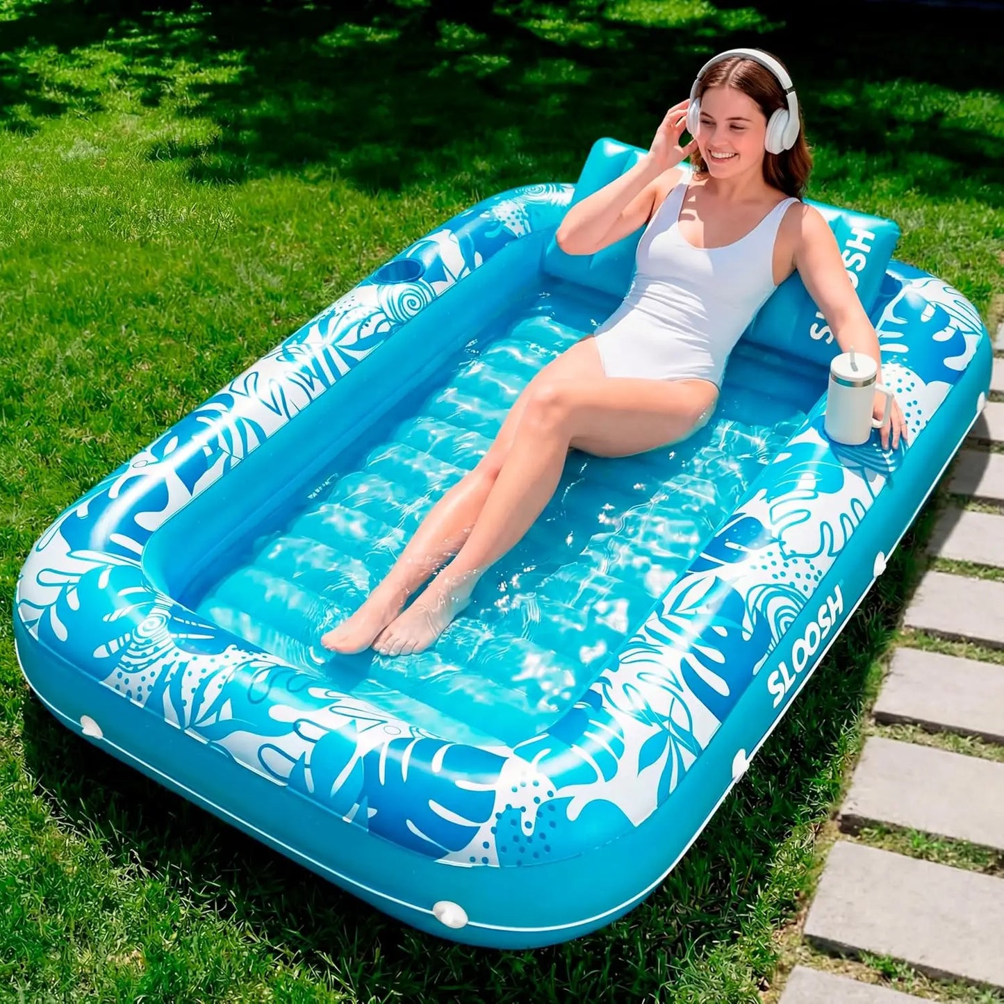 Joyfy Inflatable Suntan Pool Float With Drink Holders And Headrest