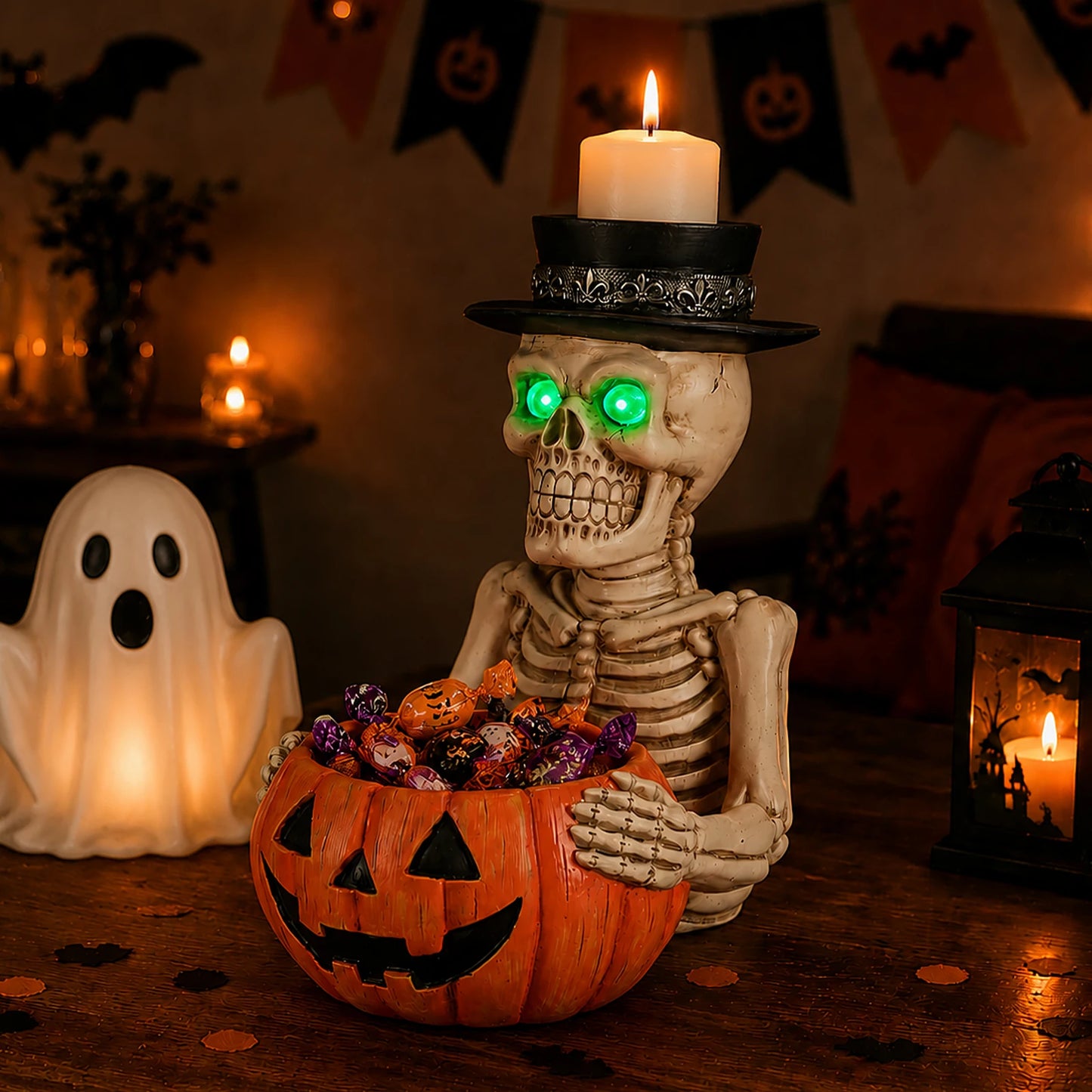 Halloween Resin Skeleton With Pumpkin Bowl Candle Holder Glow