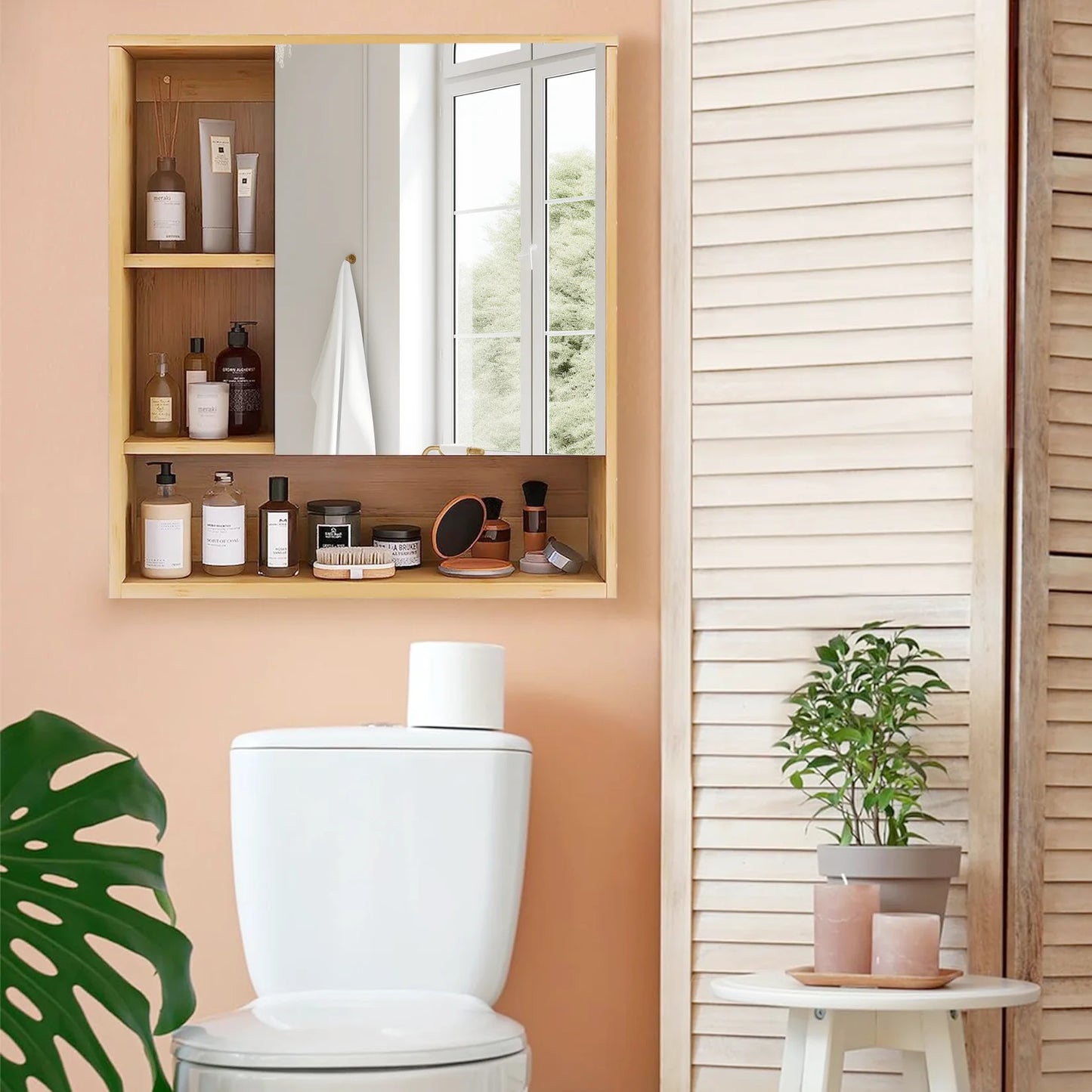 Wall Mounted Bamboo Medicine Cabinet With Five Tier Open Storage