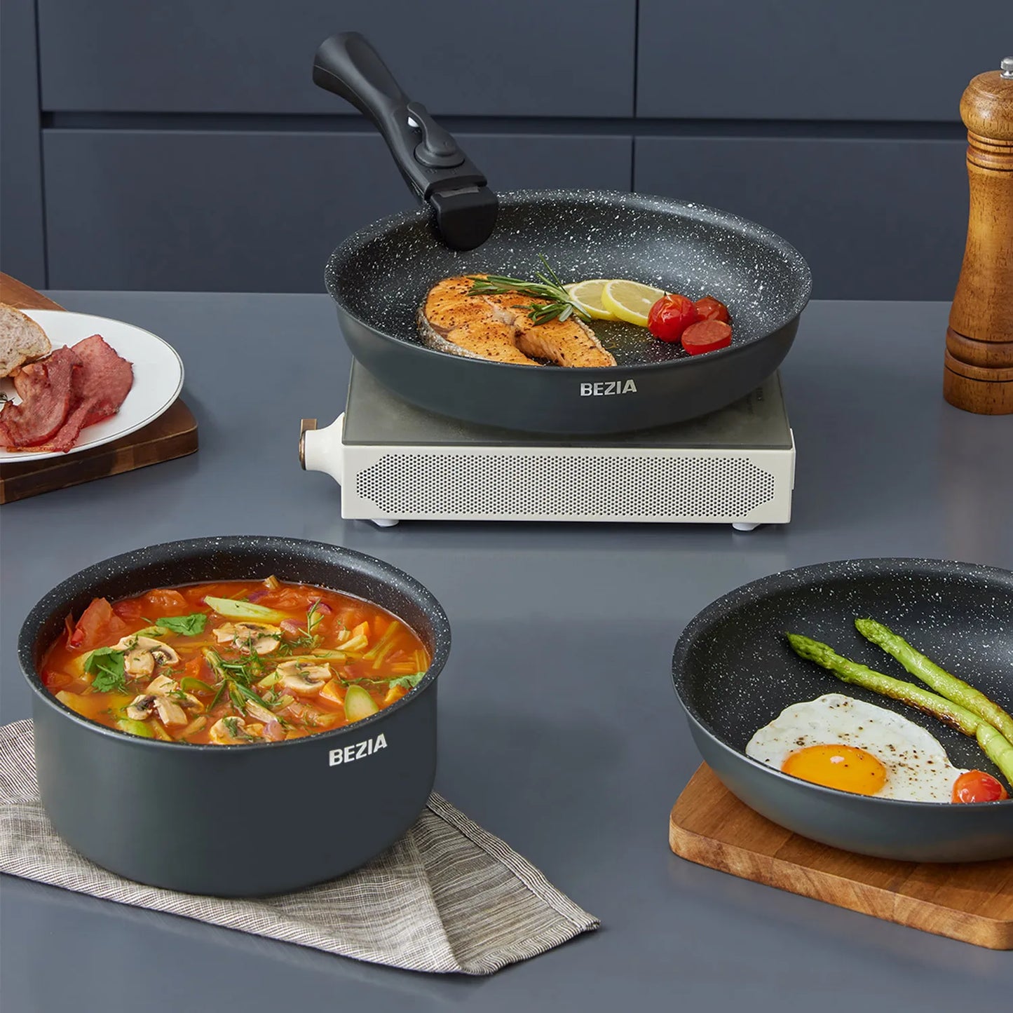 Induction Cookware Set Ten Pieces Nonstick Pans With Removable Handles