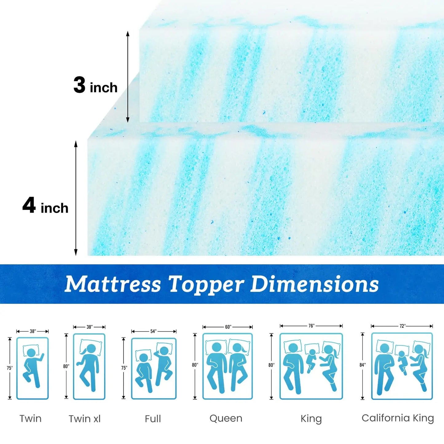 JHK Gel Memory Foam Mattress Topper Cooling Breathable Comfort