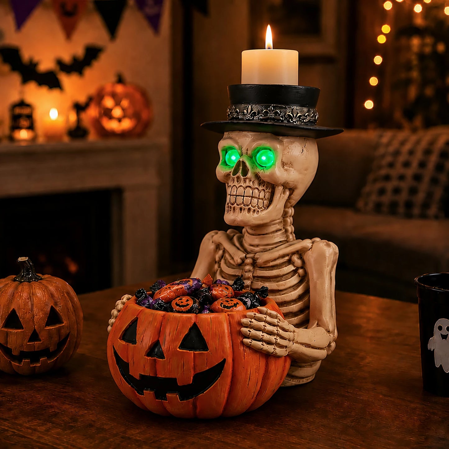Halloween Resin Skeleton With Pumpkin Bowl Candle Holder Glow