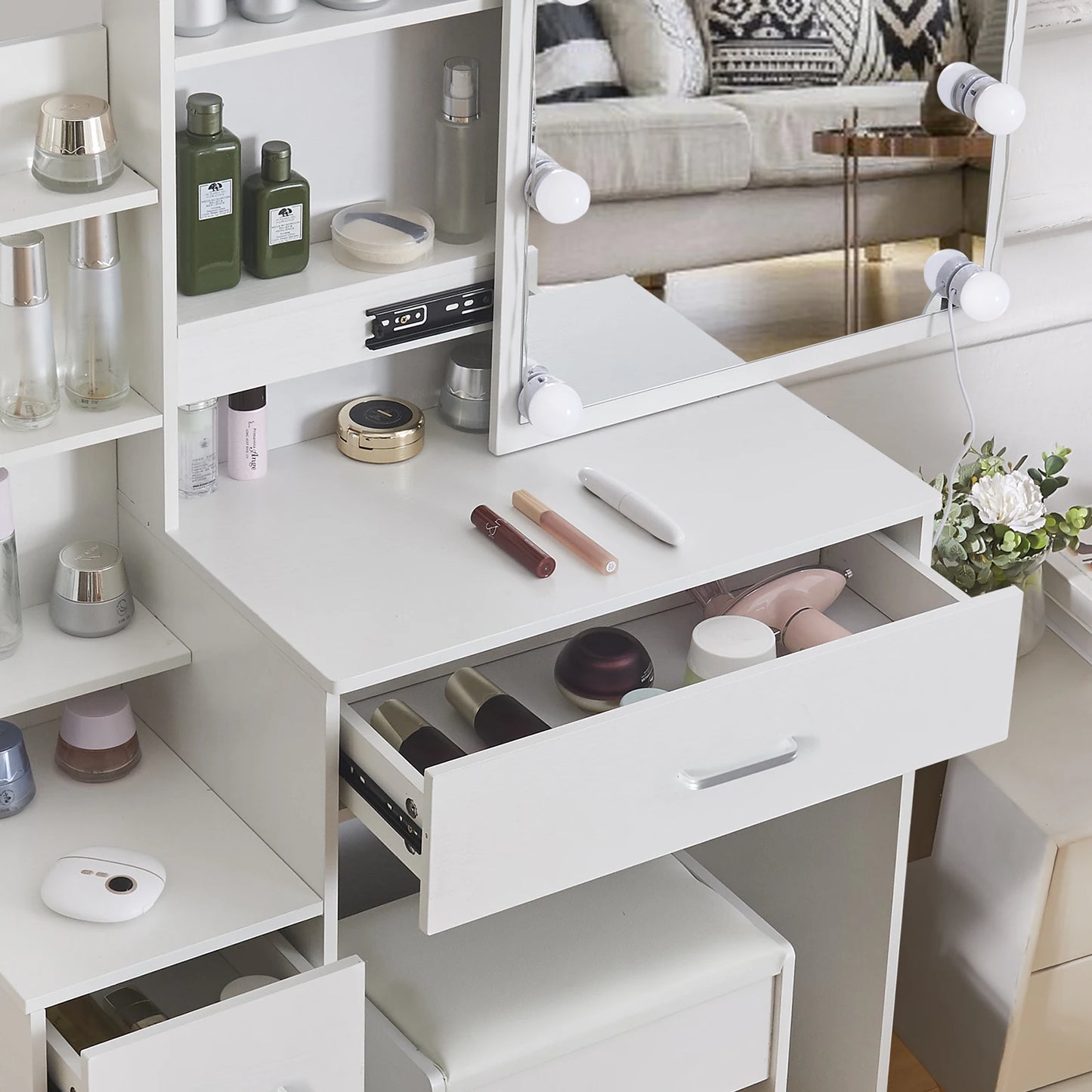 Yamissi LED Vanity Table Sliding Mirror And Four Drawers Stool
