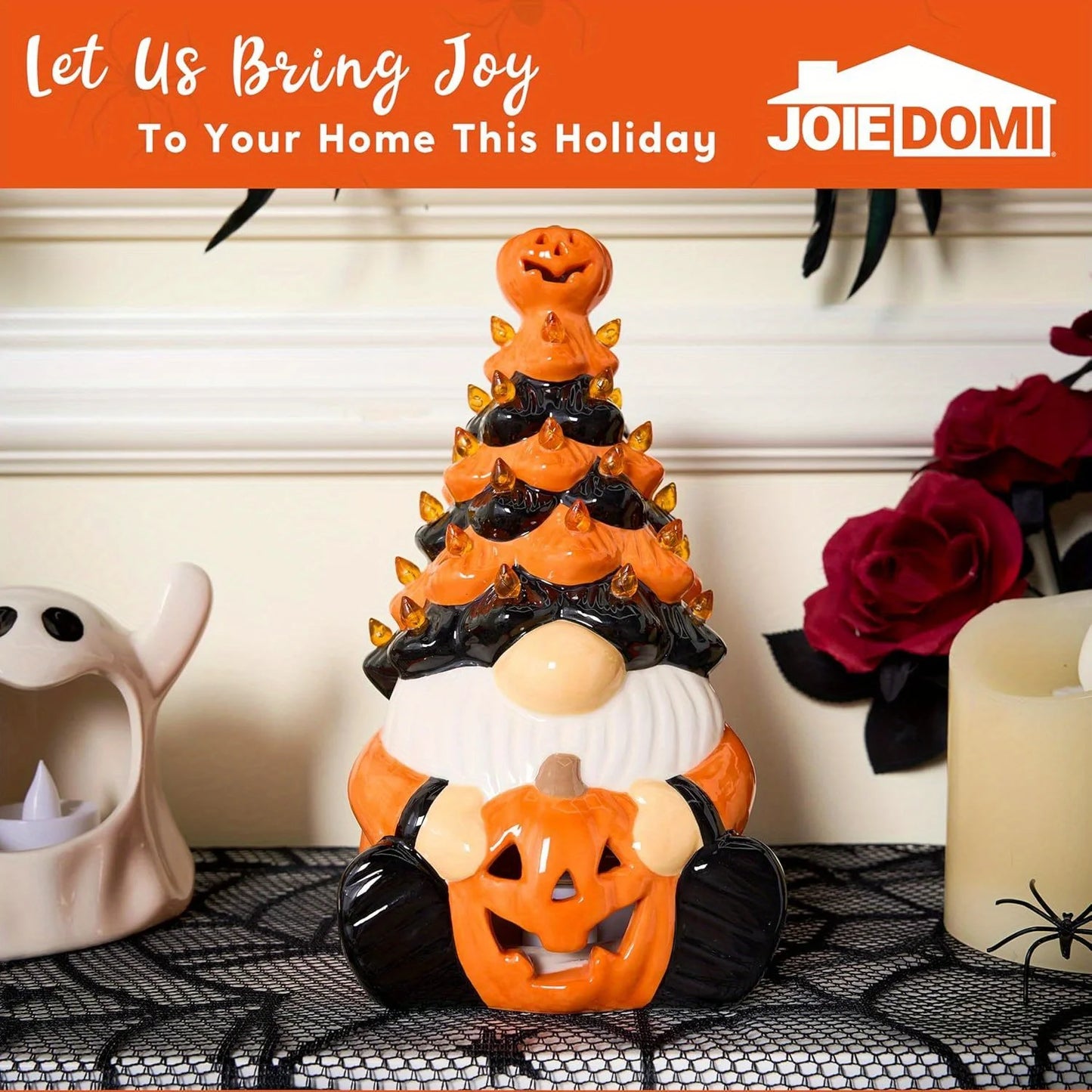 Battery Operated Halloween Pumpkin Gnome Ceramic Tree Led Tabletop Decor