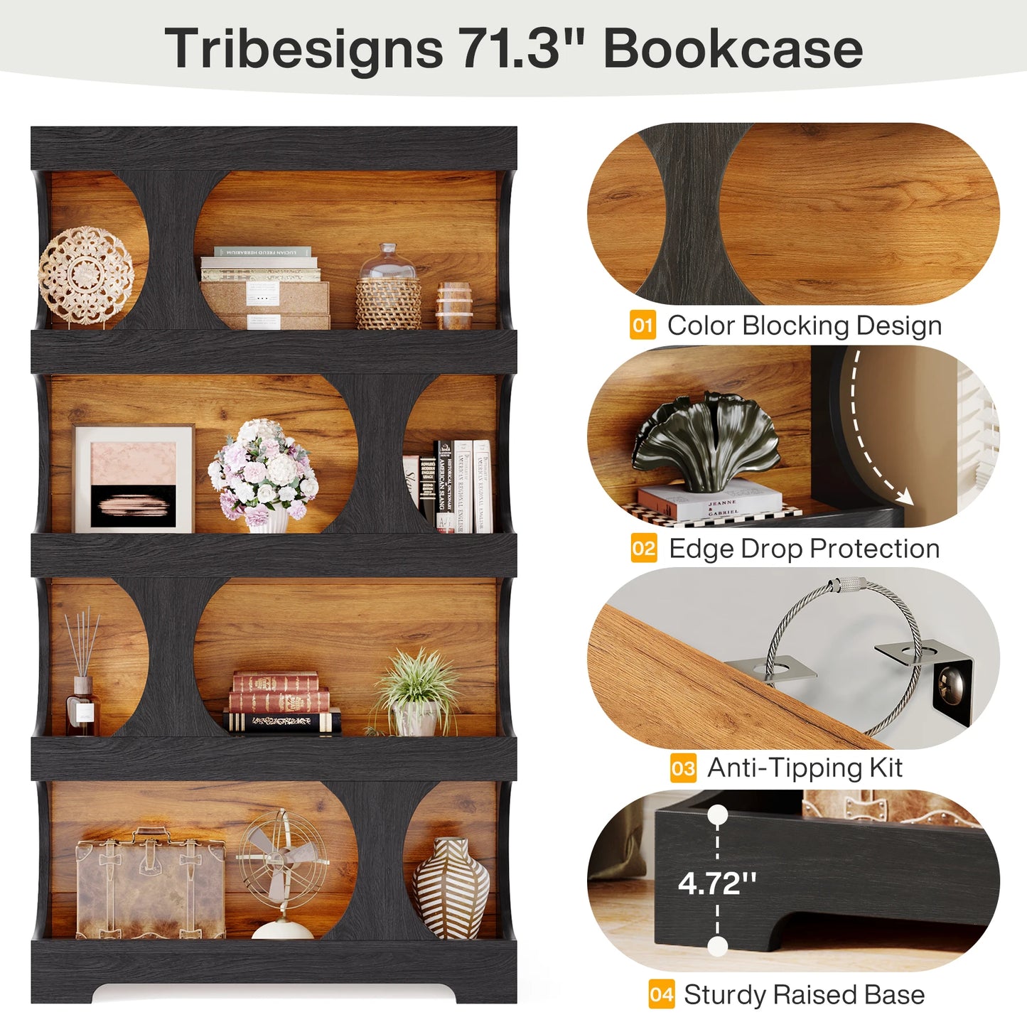 Tribesigns Wooden Freestanding Bookcase Four Tier Display Shelving