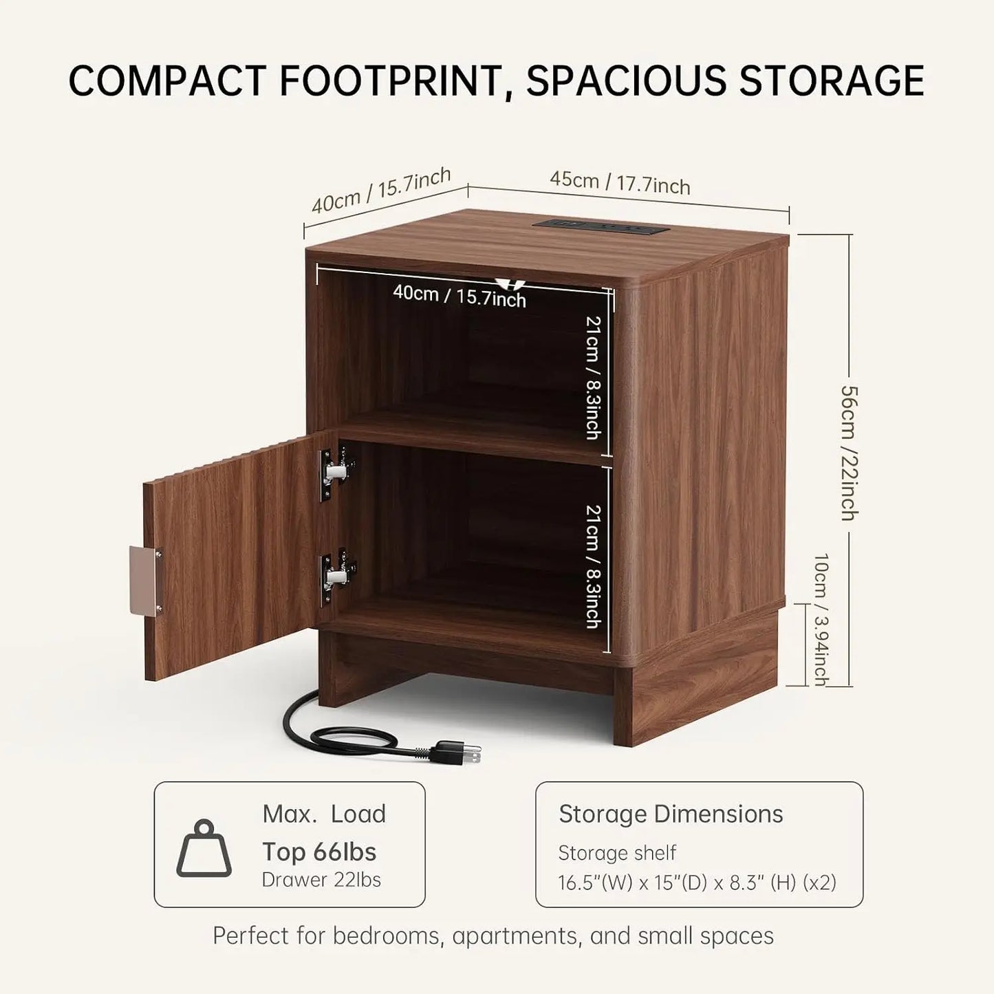 TinyNest Nightstand With Charging Station Fluted Wood Storage Drawers