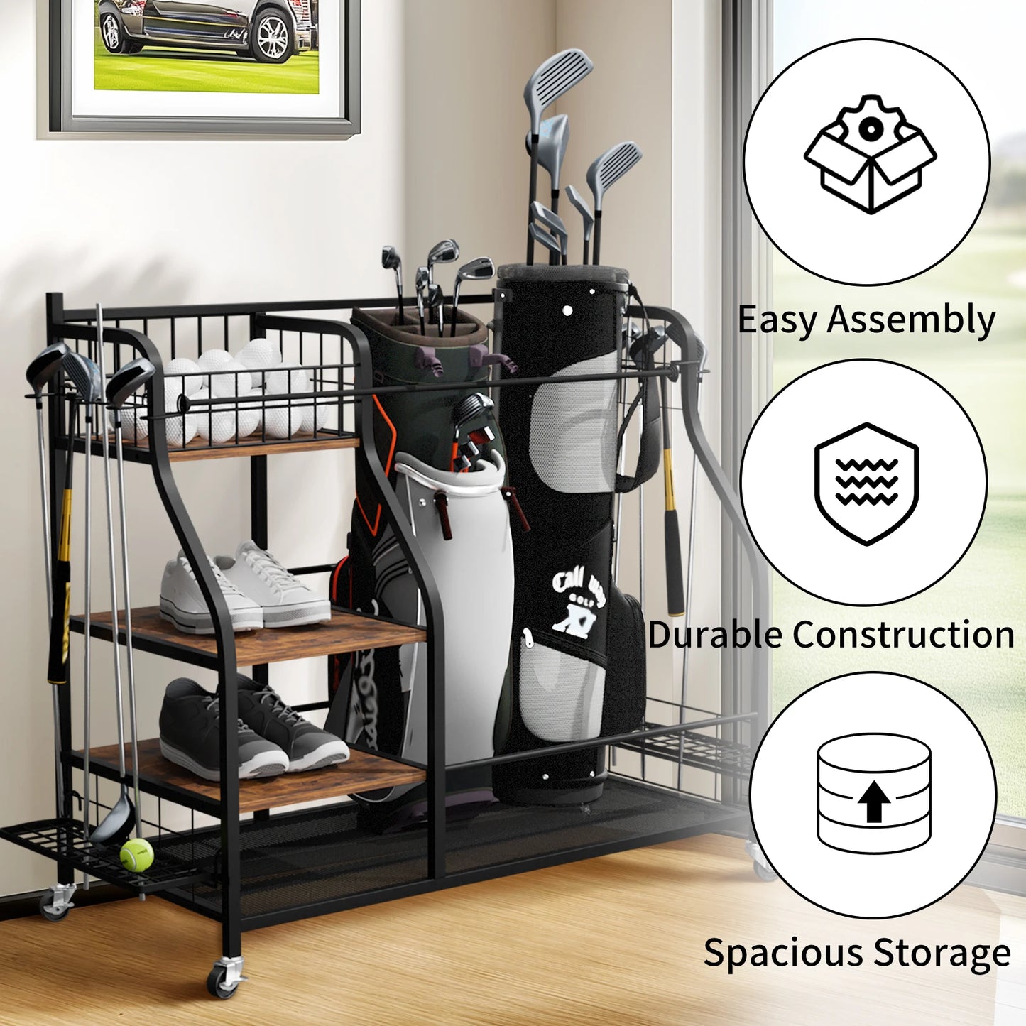 Metal Rolling Golf Bag Storage Organizer Rack With Three Shelves