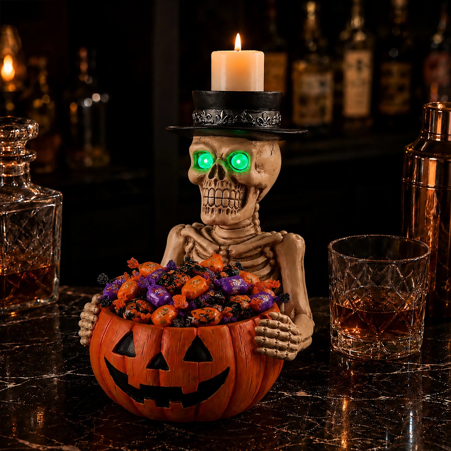 Halloween Resin Skeleton With Pumpkin Bowl Candle Holder Glow