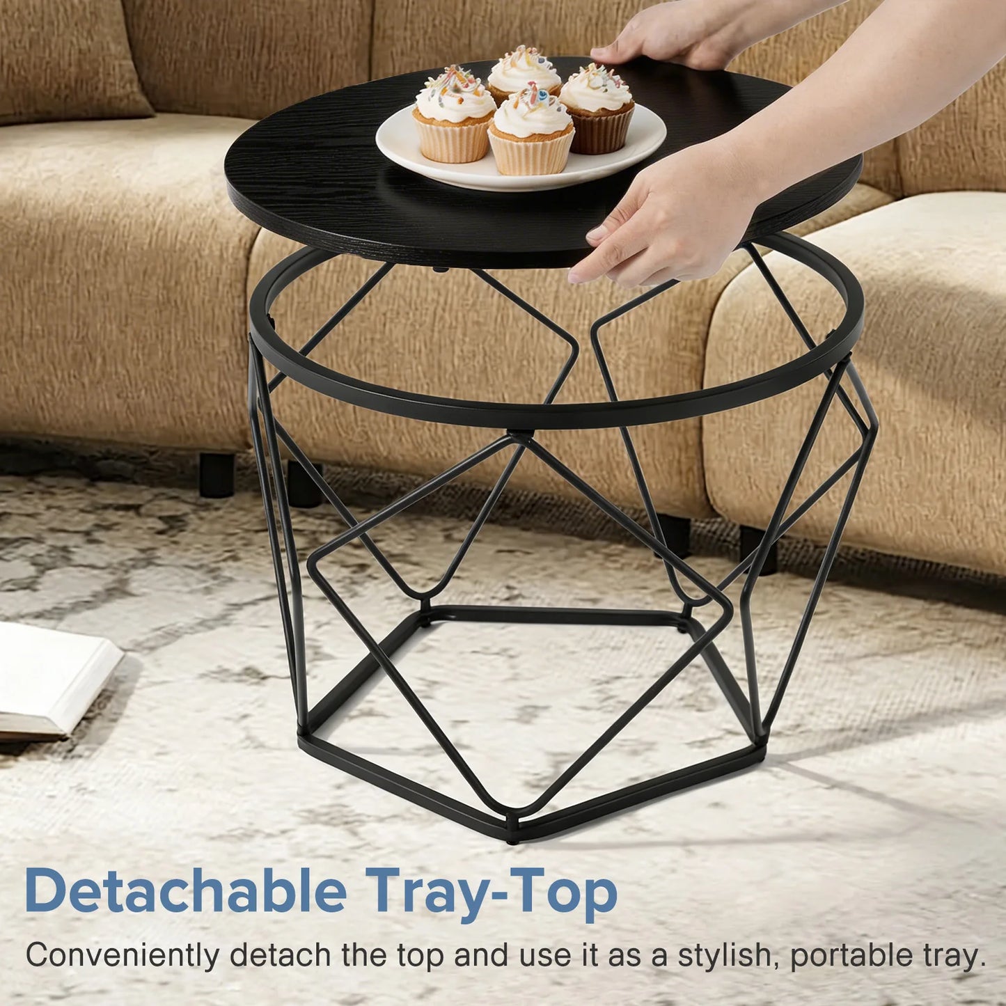 JHK Round Geometric Coffee Table Set With Nesting Side Tables