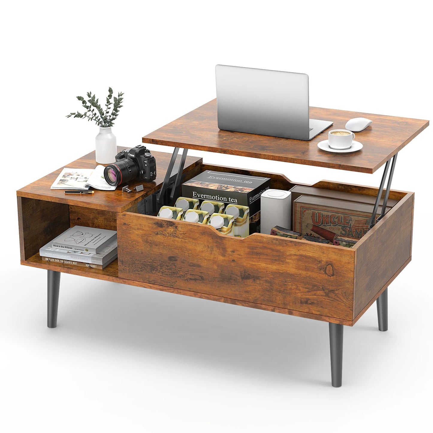 JHK Lift Top Coffee Table With Wooden Storage Shelf