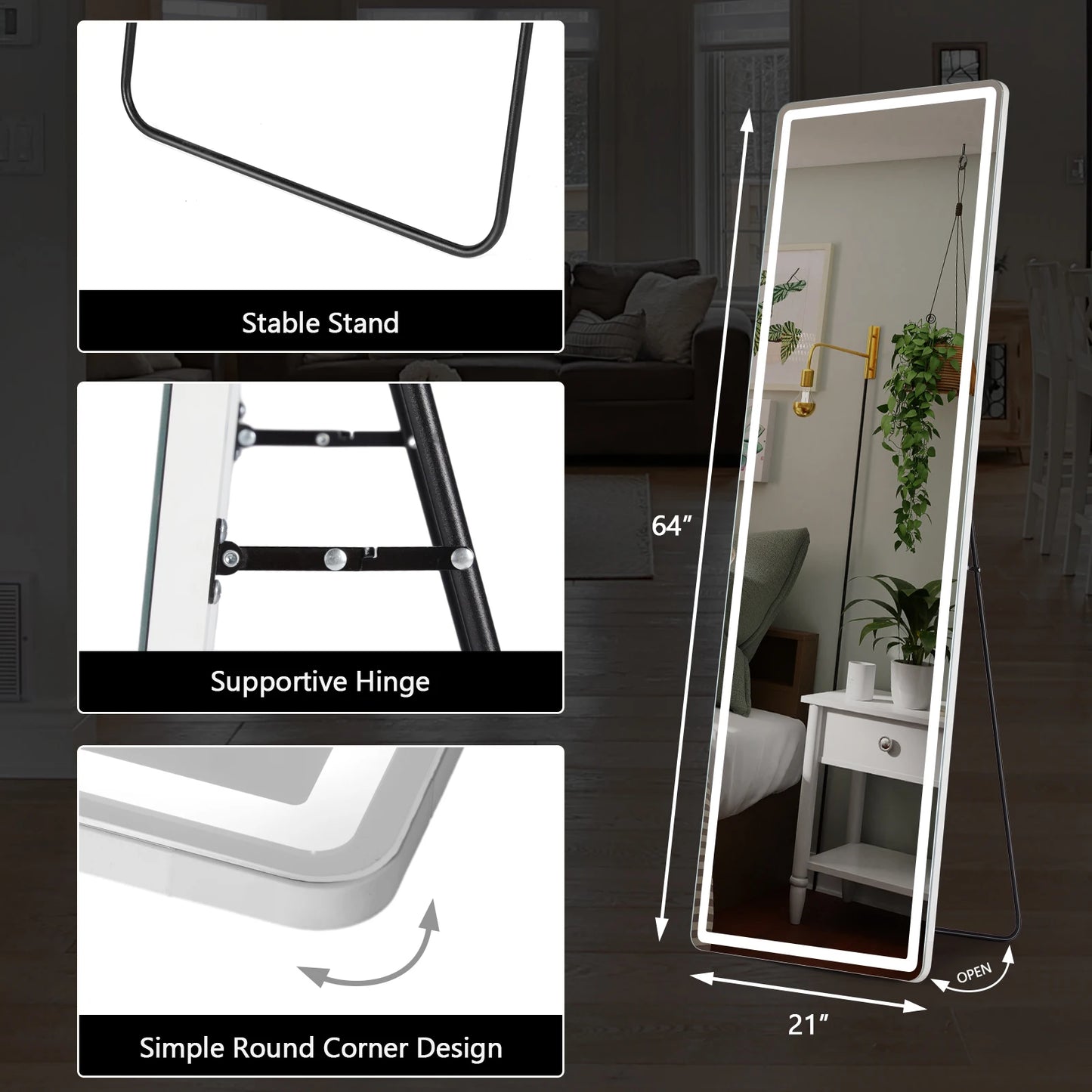 JHK Full Length LED Light Mirror With Aluminum Alloy Frame