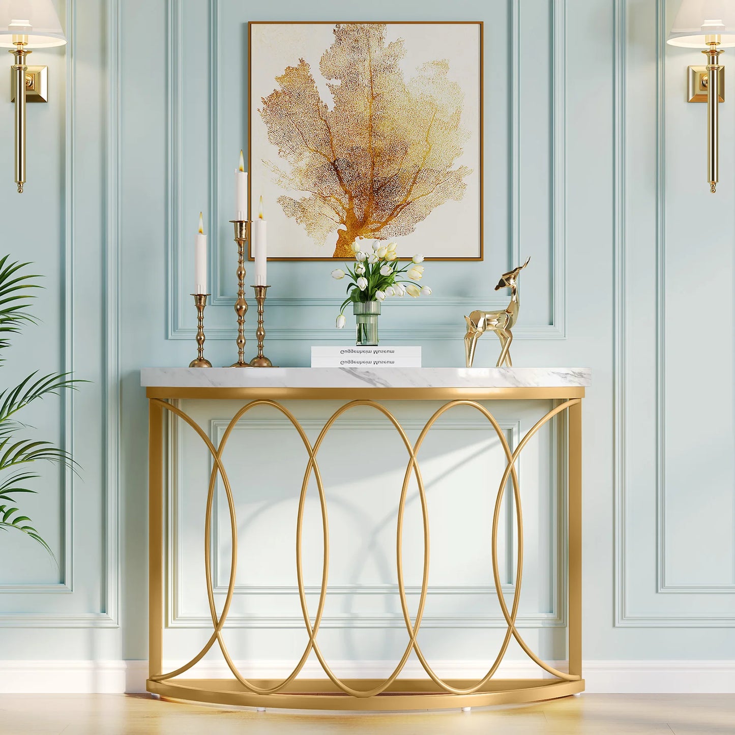 Tribesigns Modern Half Moon Console Table with Metal Frame