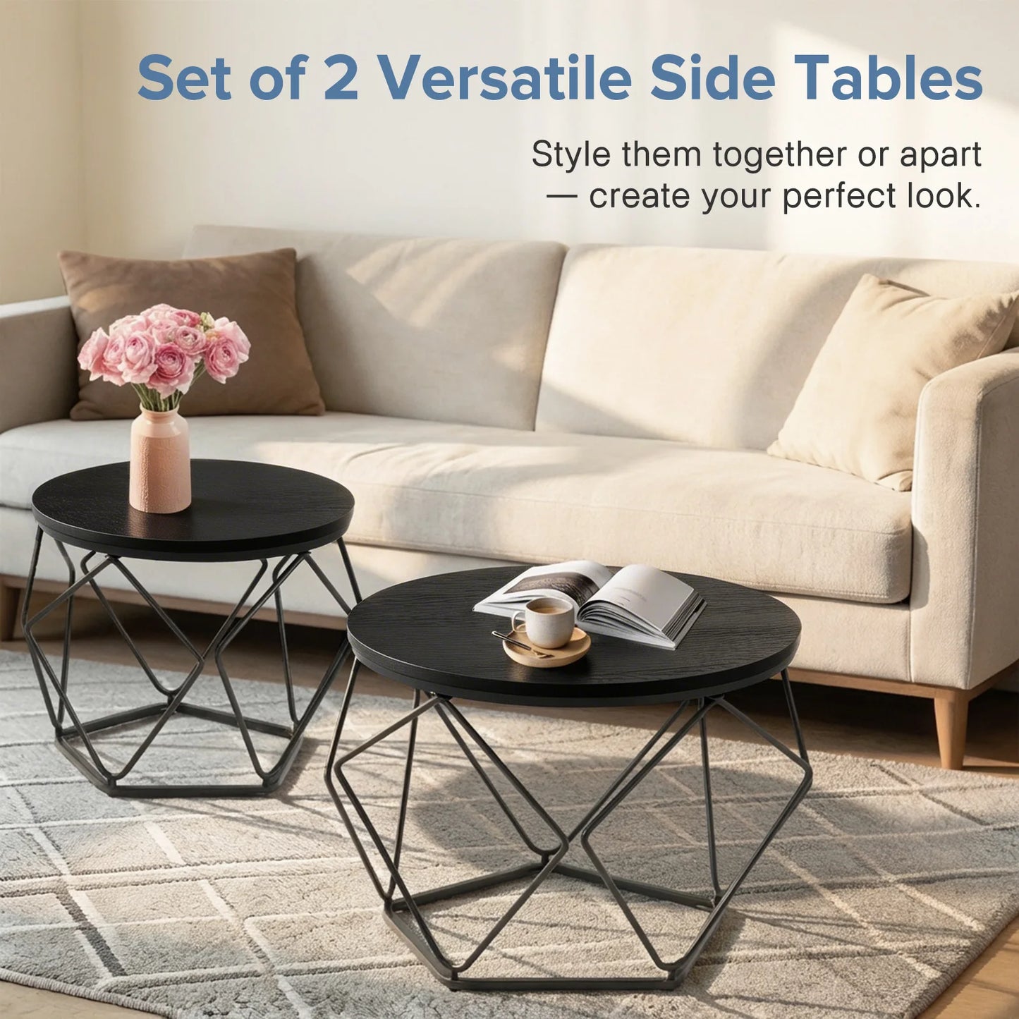 JHK Round Geometric Coffee Table Set With Nesting Side Tables