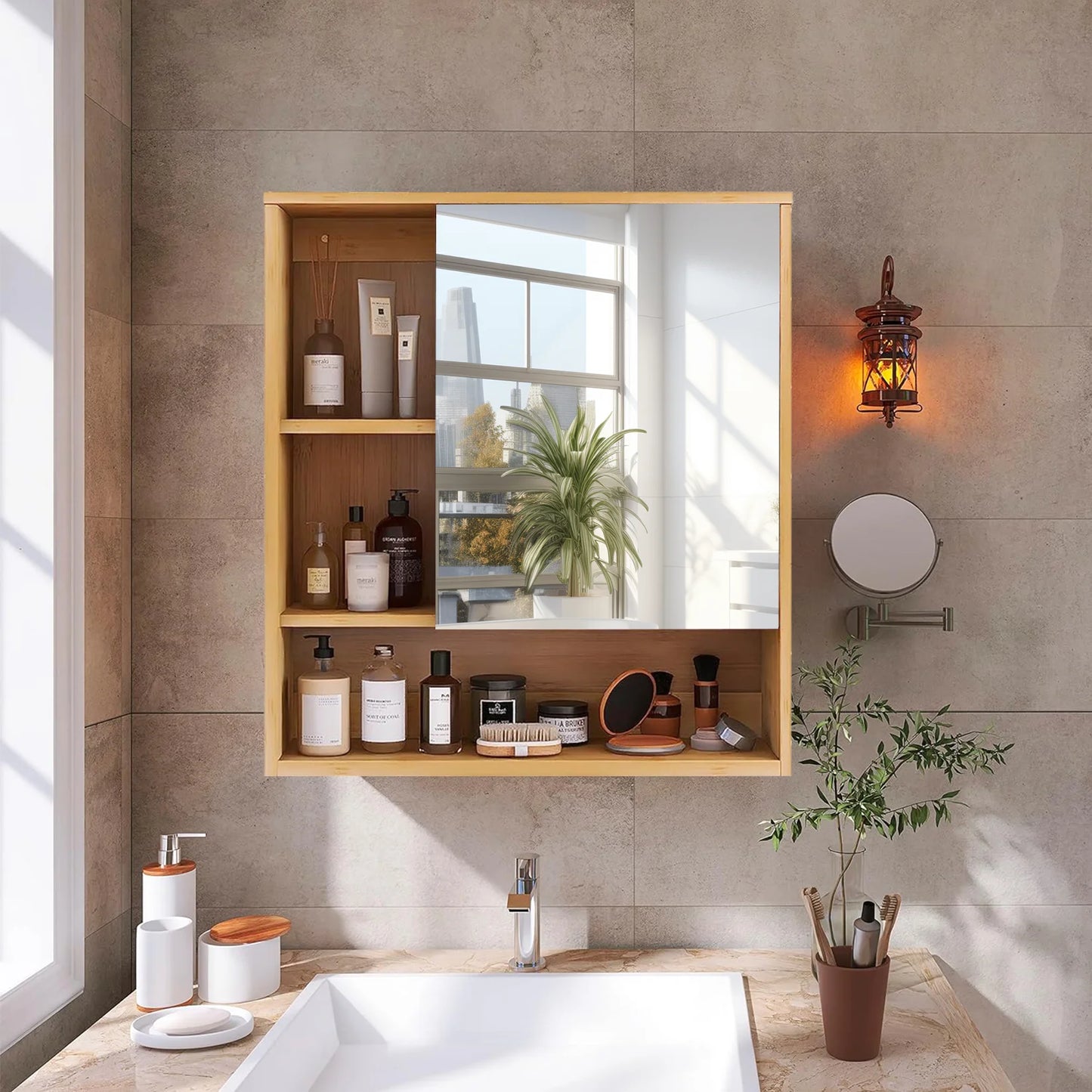Wall Mounted Bamboo Medicine Cabinet With Five Tier Open Storage