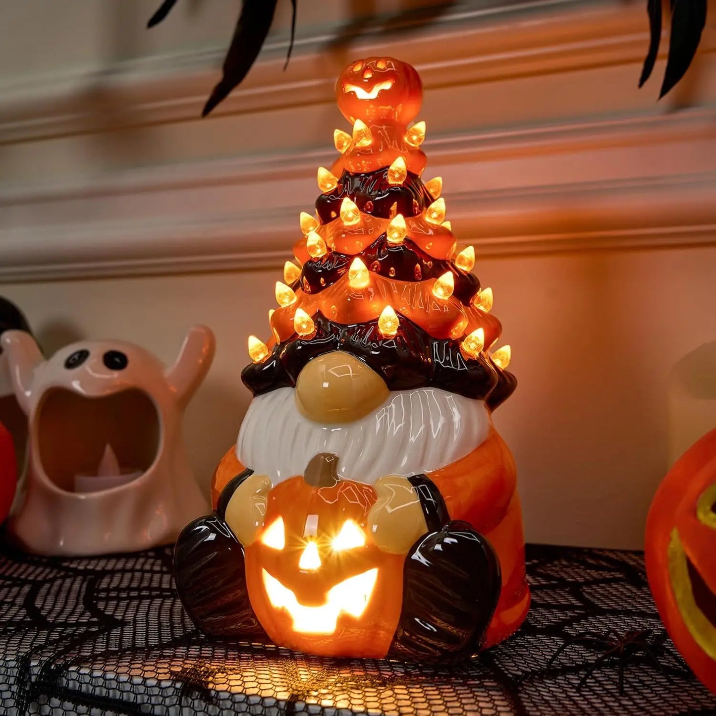 Battery Operated Halloween Pumpkin Gnome Ceramic Tree Led Tabletop Decor