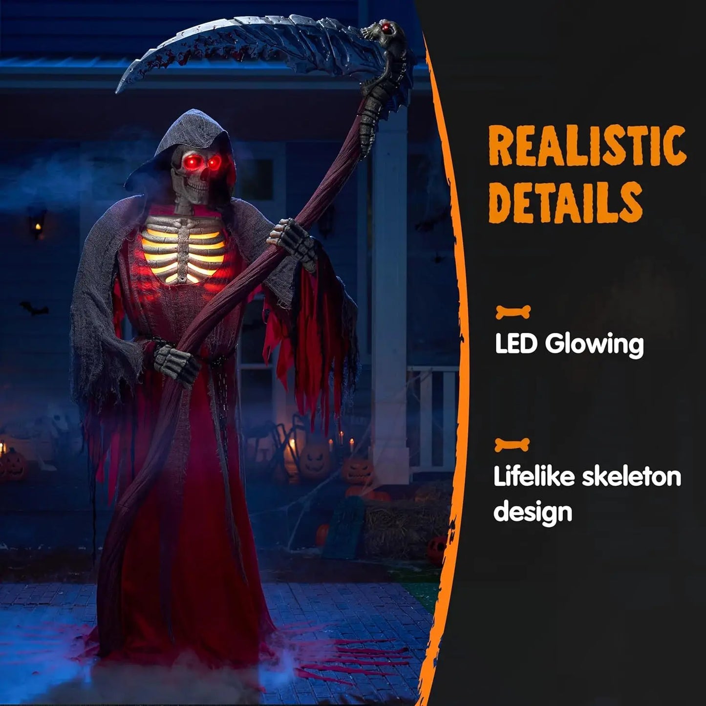 Animated Grim Reaper Skeleton Halloween Decor With Light Sensor