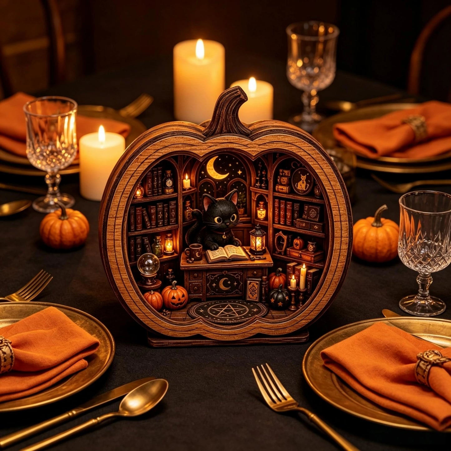 Cat Bookshop Pumpkin Display Stand Resin Halloween Figurine