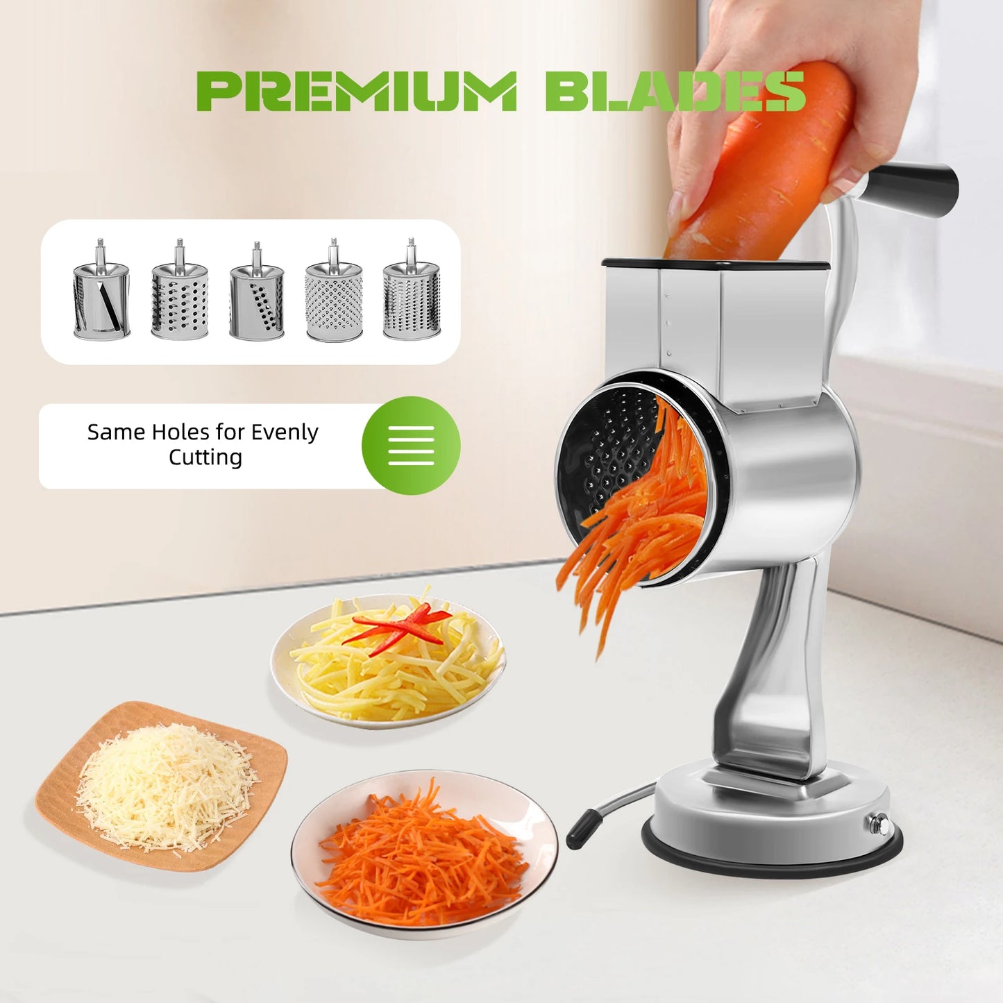 Stainless Steel Rotary Grater With 5 Blades Vegetable Cheese Shredder