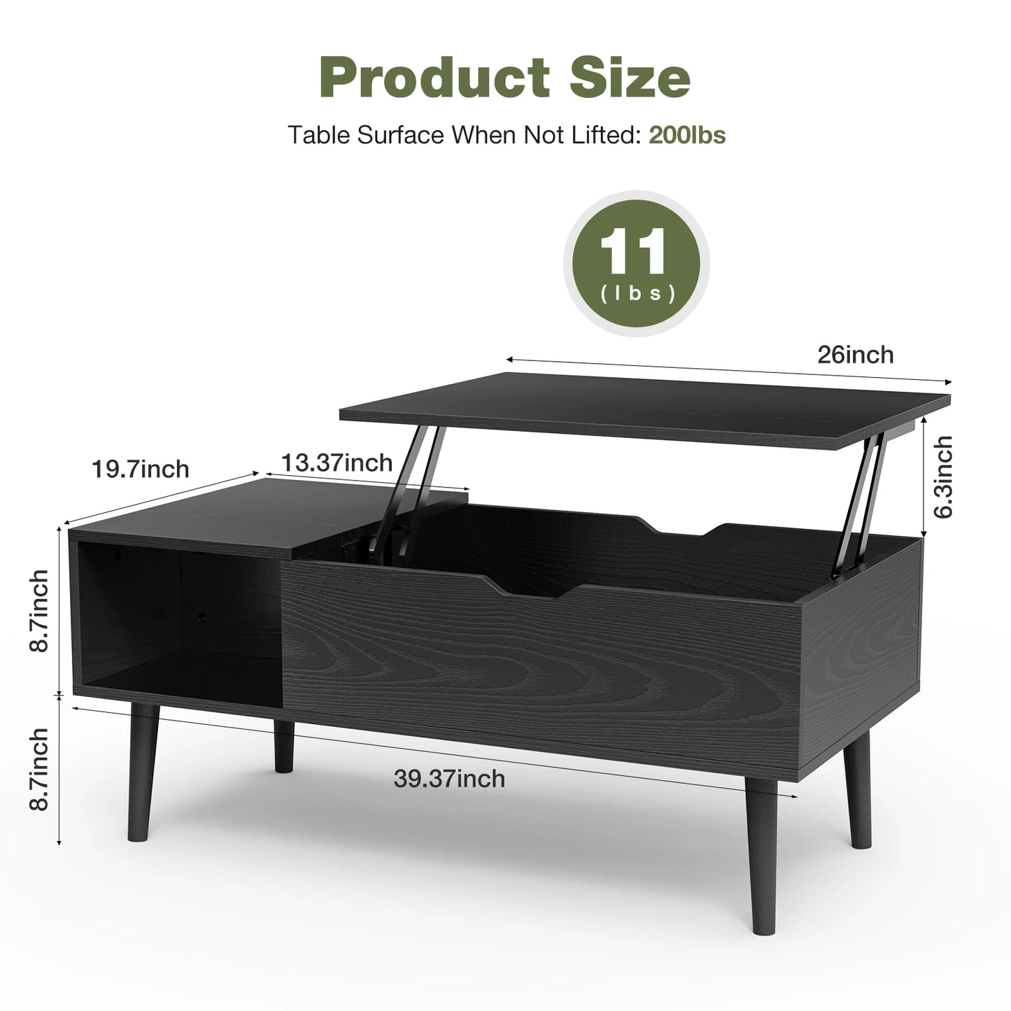 JHK Lift Top Coffee Table With Wooden Storage Shelf