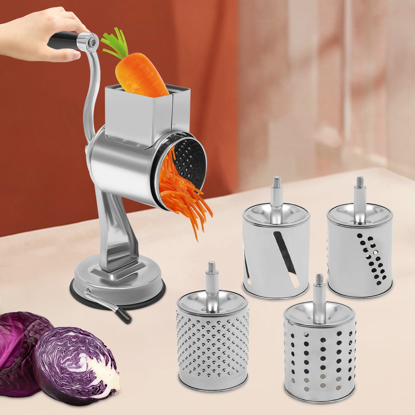 Stainless Steel Rotary Grater With 5 Blades Vegetable Cheese Shredder