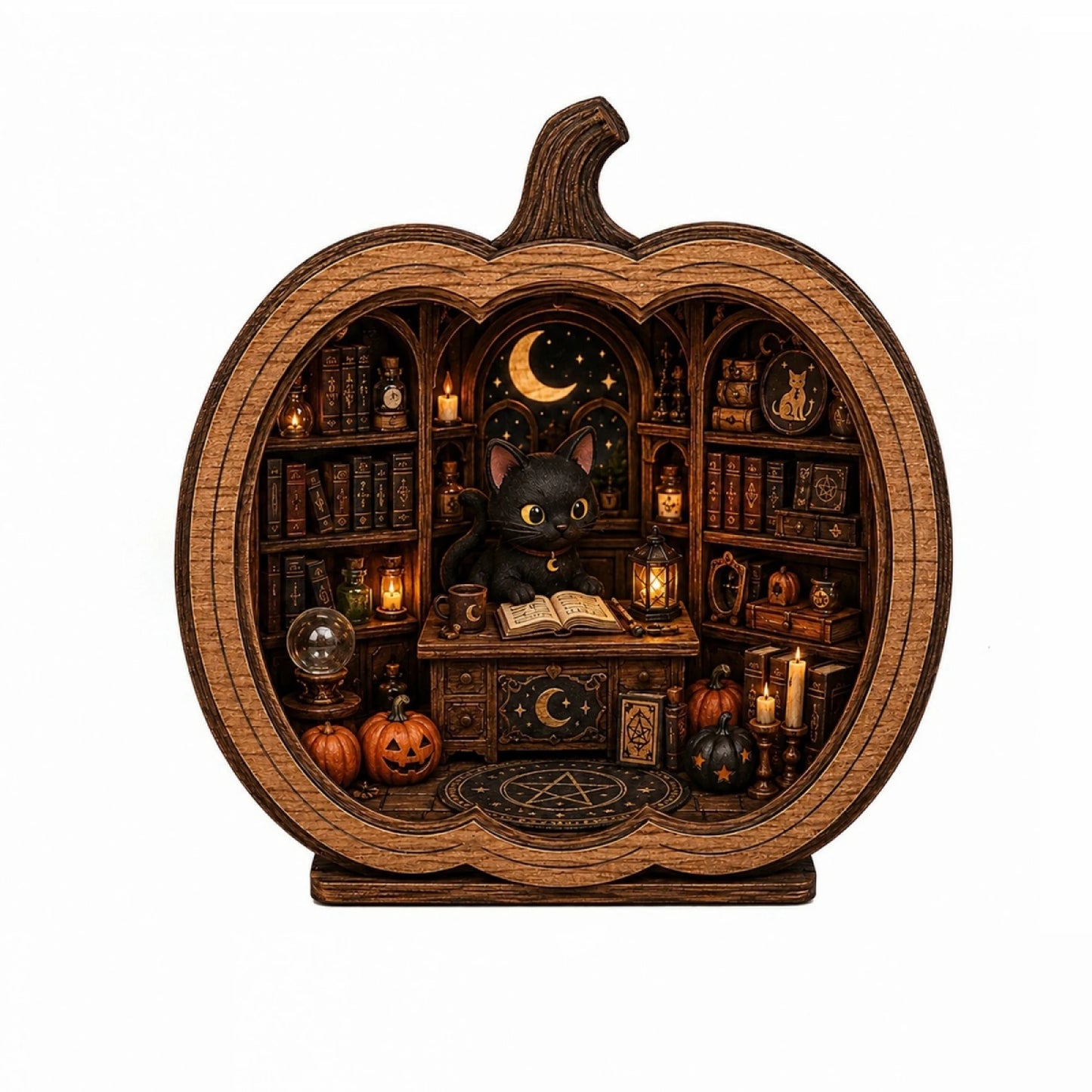 Cat Bookshop Pumpkin Display Stand Resin Halloween Figurine