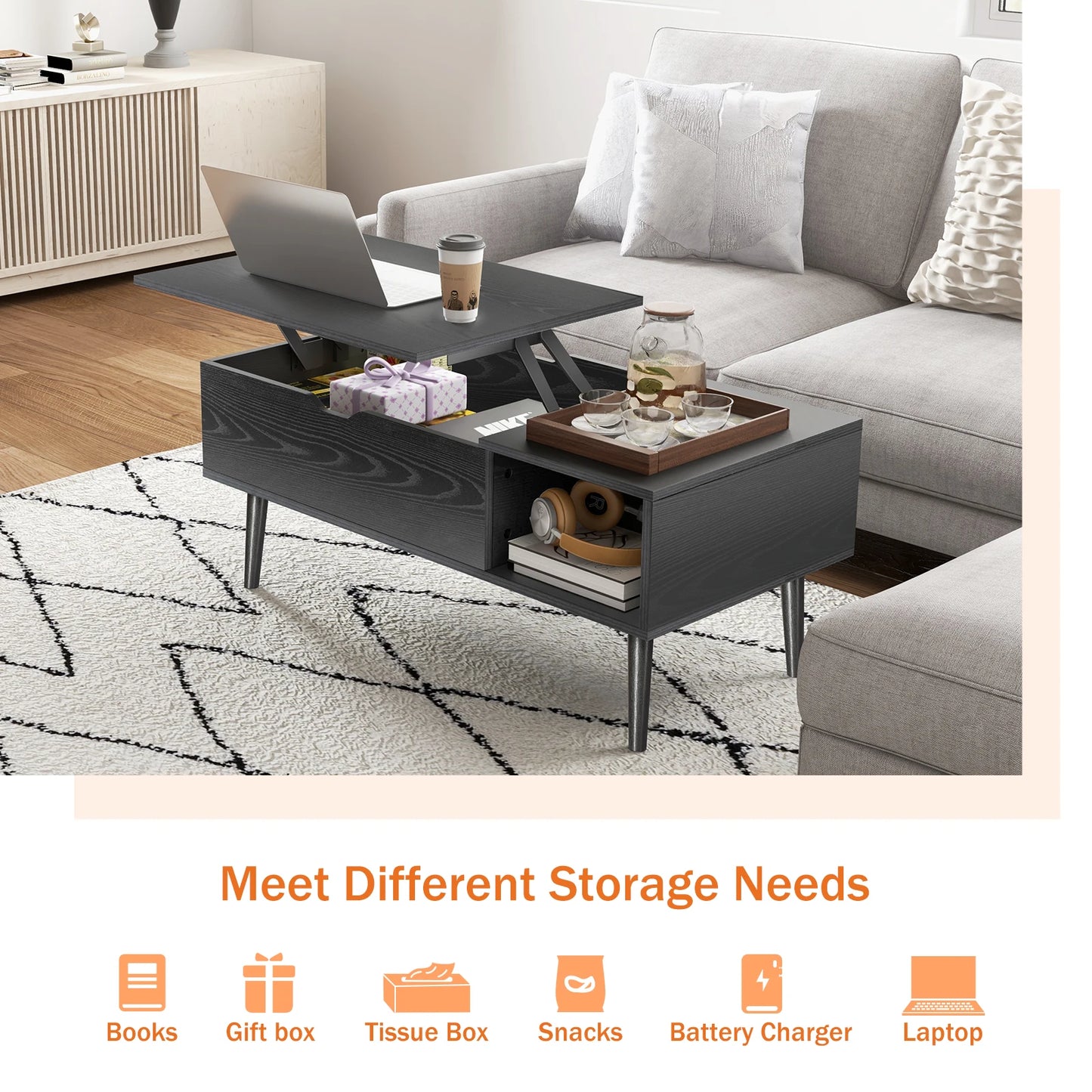 JHK Lift Top Coffee Table With Wooden Storage Shelf