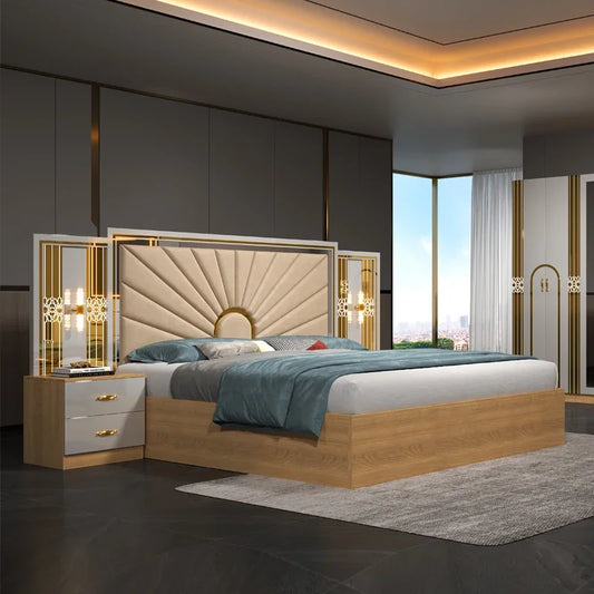 Luxury Turkish Style Gold Mirrored LED Bedroom Set