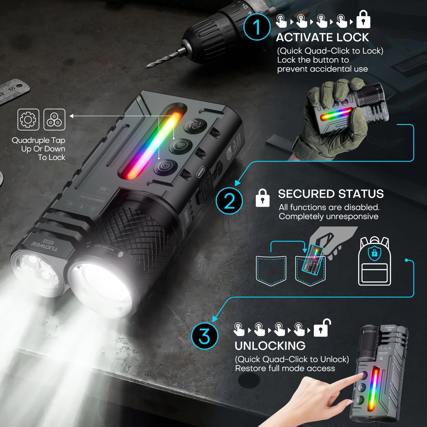 Tuowee Tactical Flashlight USB Rechargeable IPX4 Waterproof RGB Torch