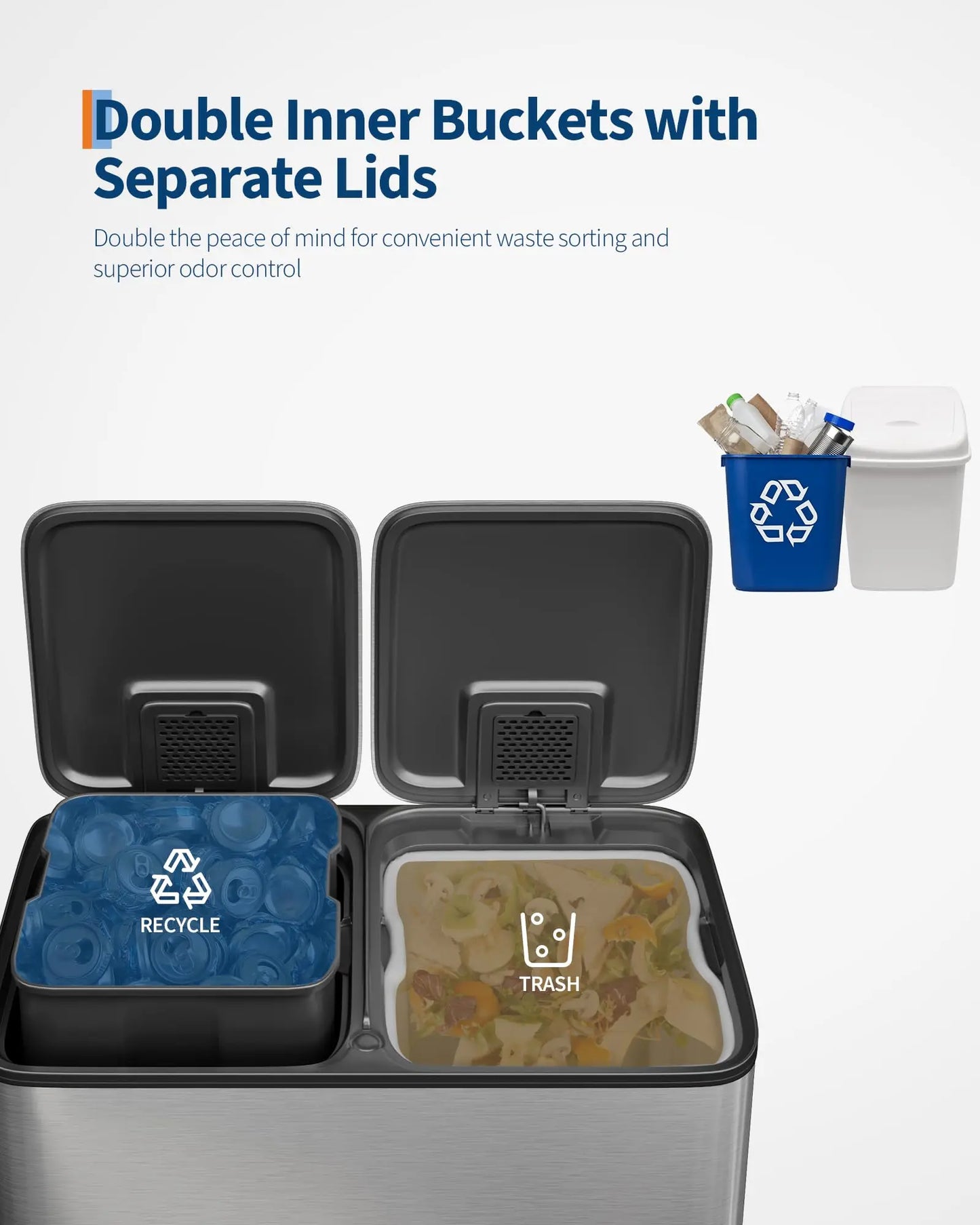 Dual Compartment Stainless Steel Trash Can With Step On Lids