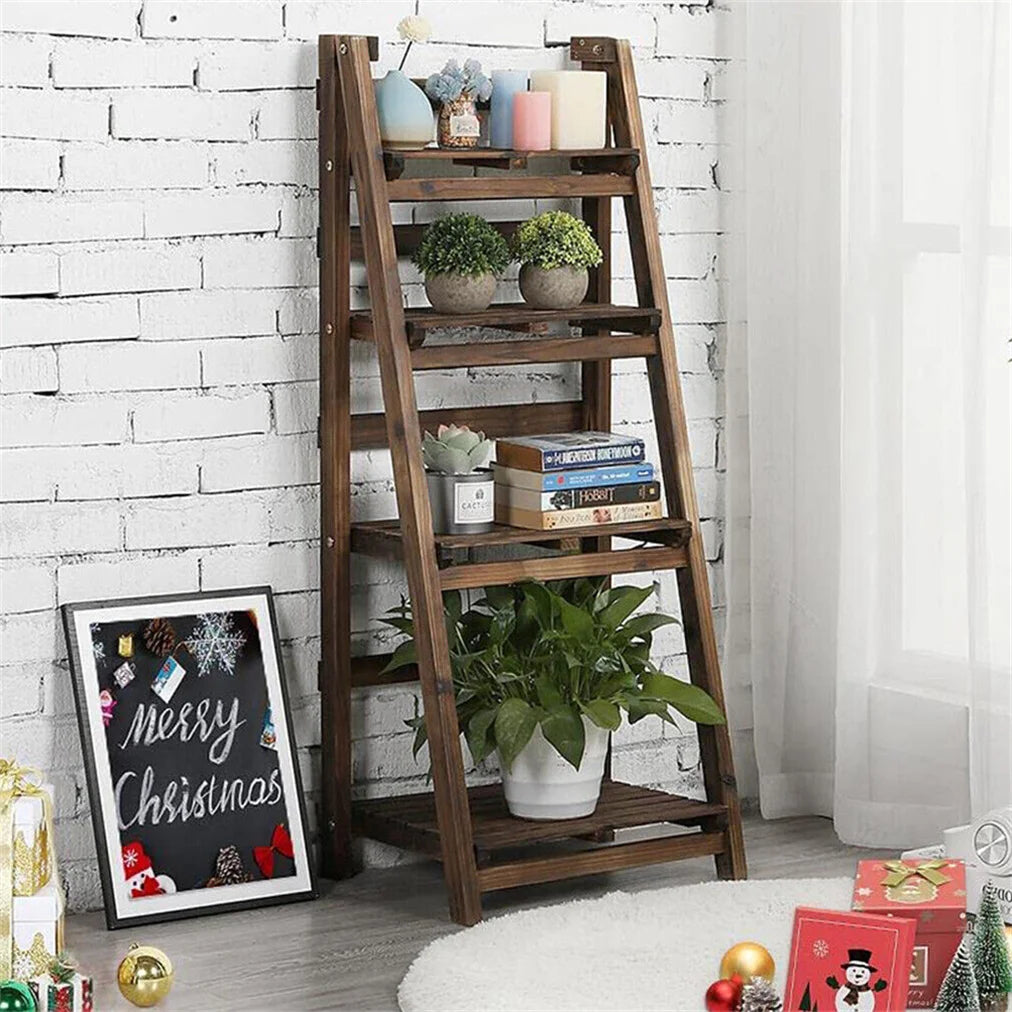 Wooden Folding Ladder Shelf Four Tier Indoor Storage Rack