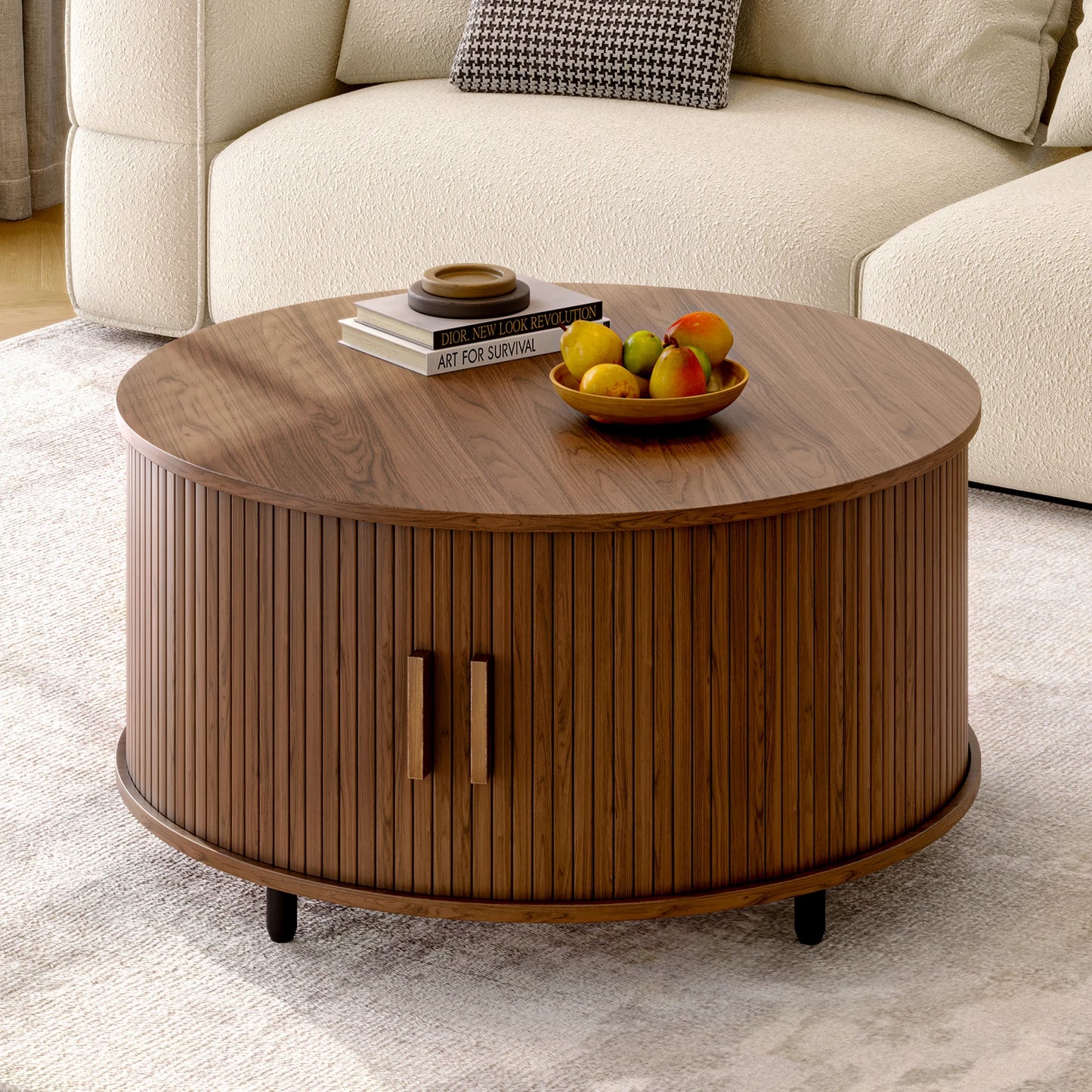 Onbrill Modern Round Coffee Table With Fluted Storage Doors