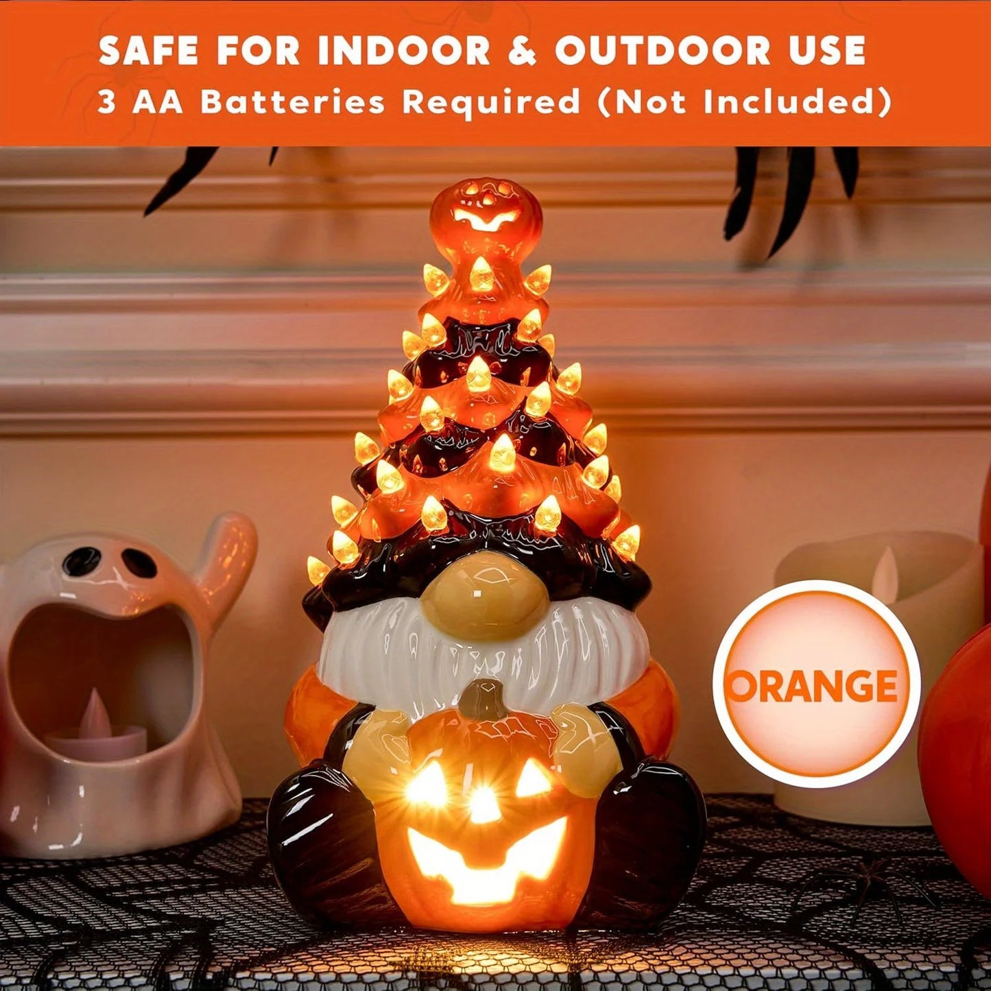 Battery Operated Halloween Pumpkin Gnome Ceramic Tree Led Tabletop Decor