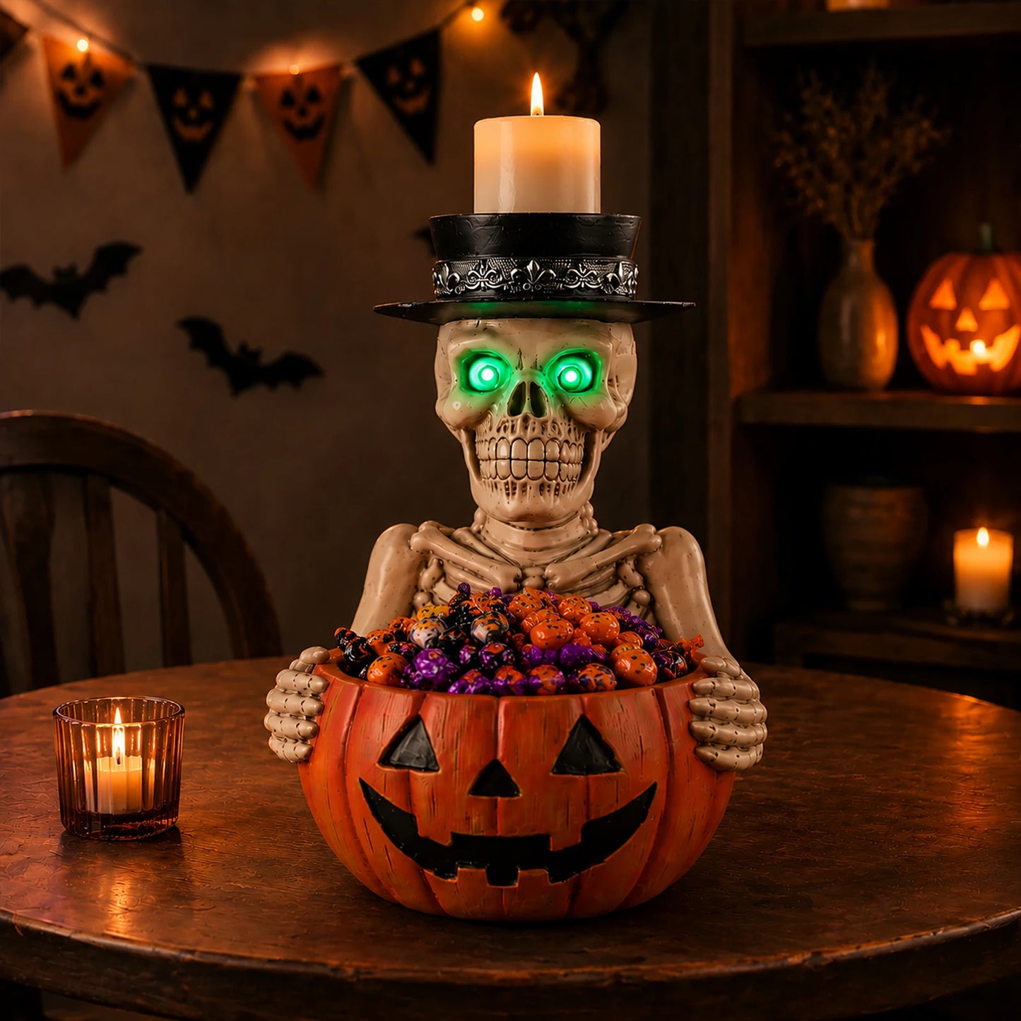 Halloween Resin Skeleton With Pumpkin Bowl Candle Holder Glow