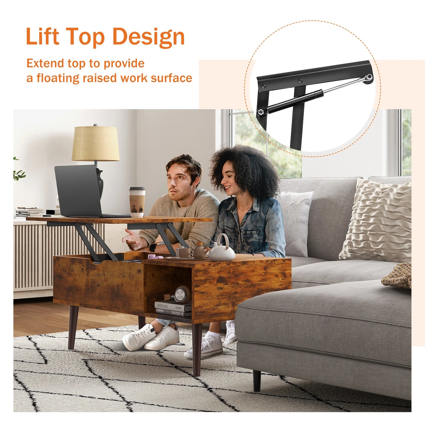 JHK Lift Top Coffee Table With Wooden Storage Shelf