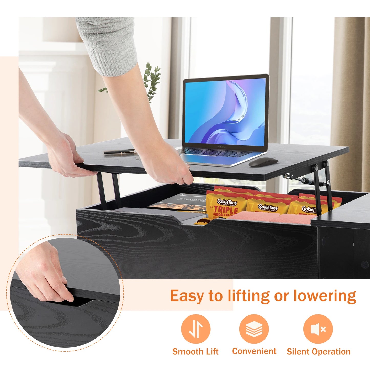 JHK Lift Top Coffee Table With Wooden Storage Shelf
