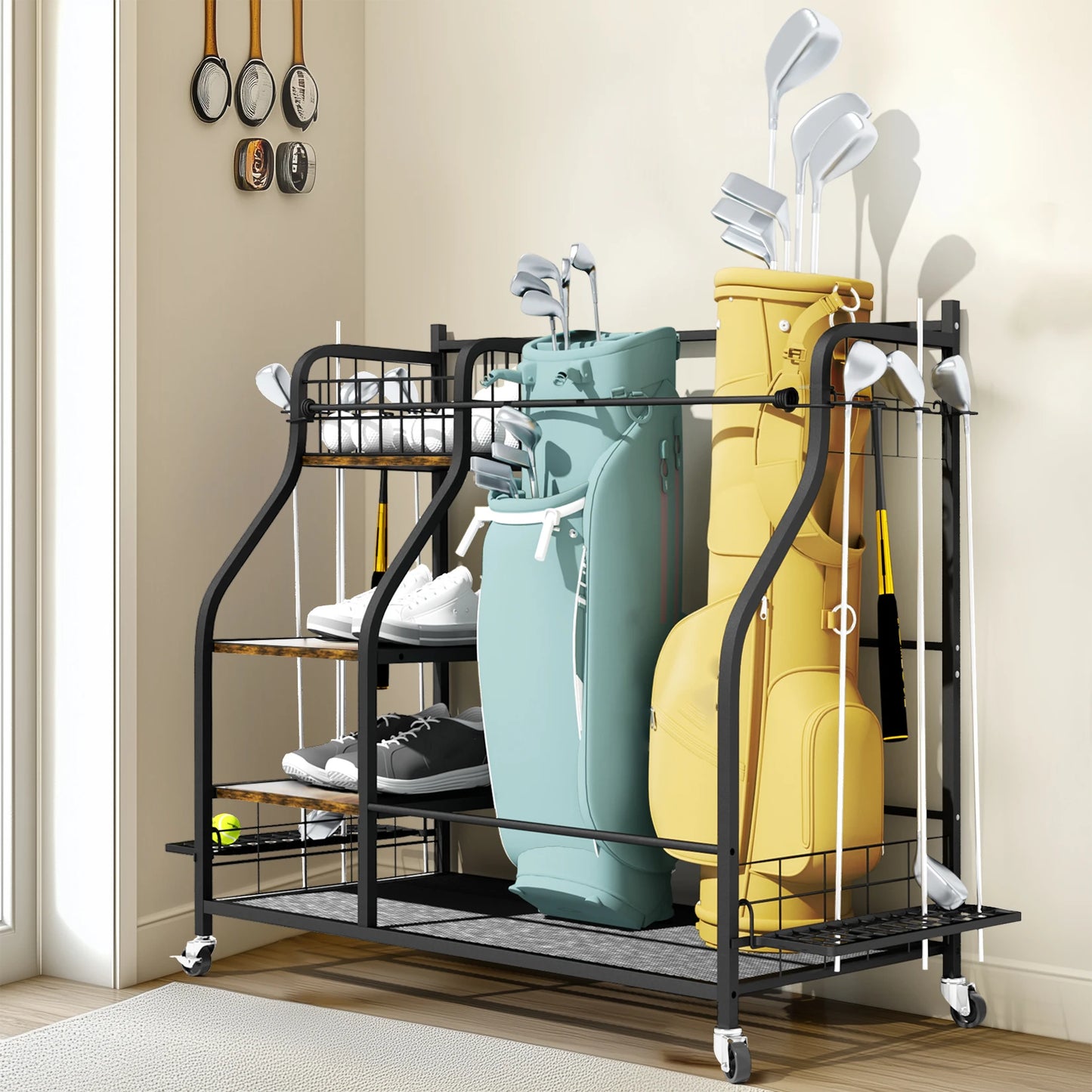 Metal Rolling Golf Bag Storage Organizer Rack With Three Shelves