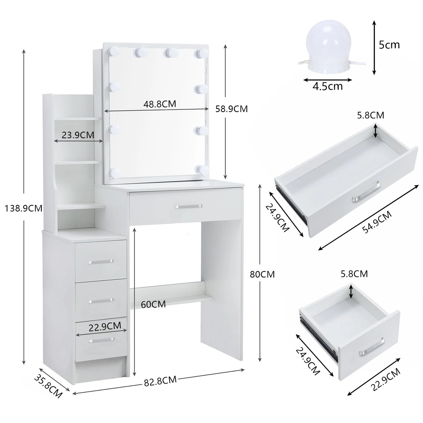 Yamissi LED Vanity Table Sliding Mirror And Four Drawers Stool