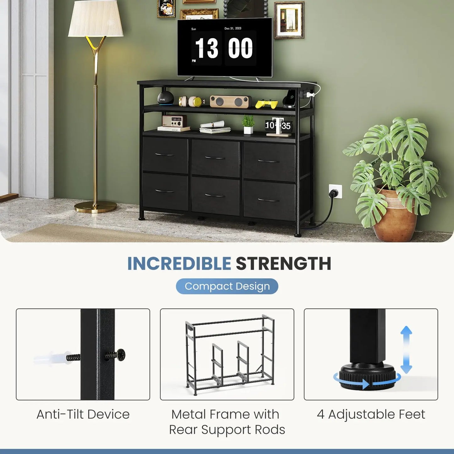 JHK TV Stand Dresser With Six Fabric Drawers And Wood Top